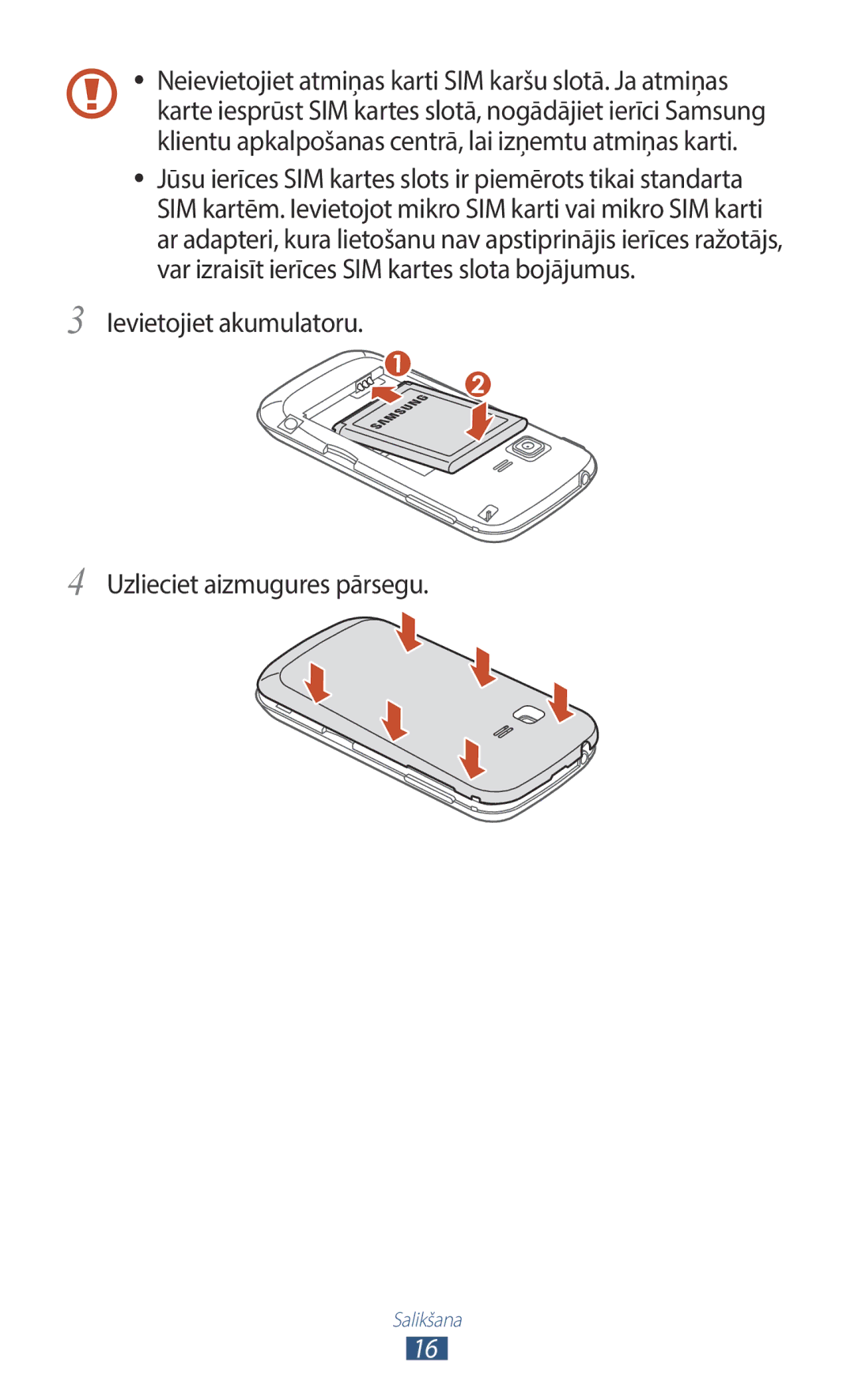 Samsung GT-B5330ZWASEB manual Ievietojiet akumulatoru Uzlieciet aizmugures pārsegu 