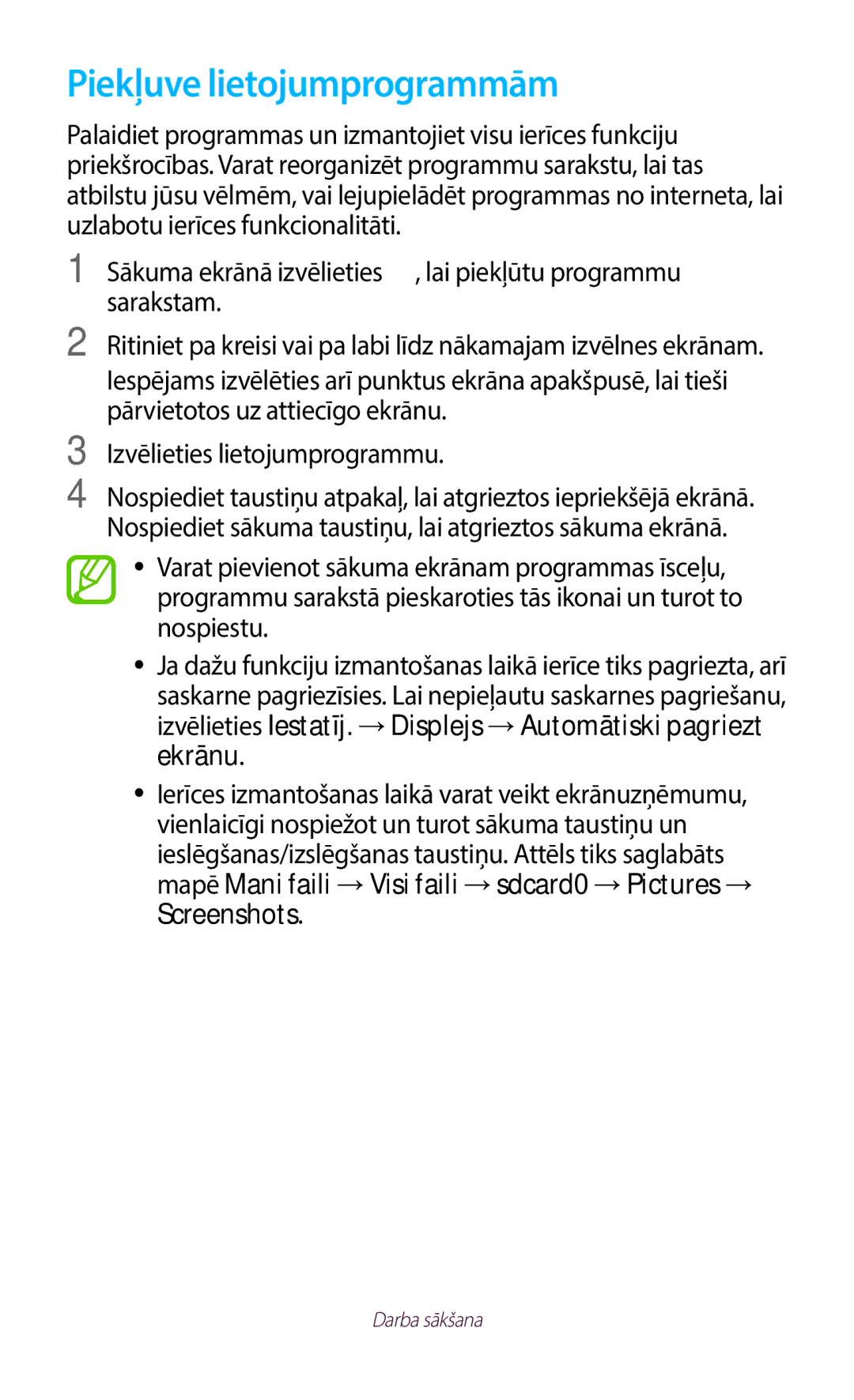 Samsung GT-B5330ZWASEB manual Piekļuve lietojumprogrammām, Mapē Mani faili →Visi faili →sdcard0 →Pictures → Screenshots 