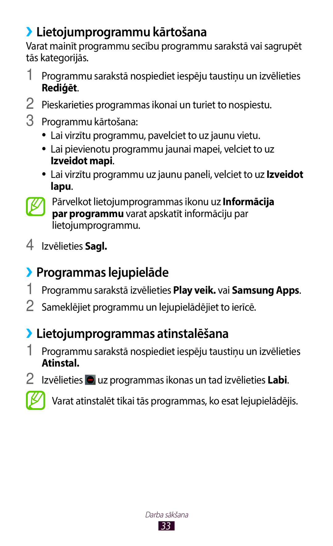 Samsung GT-B5330ZWASEB manual ››Lietojumprogrammu kārtošana, ››Programmas lejupielāde, ››Lietojumprogrammas atinstalēšana 