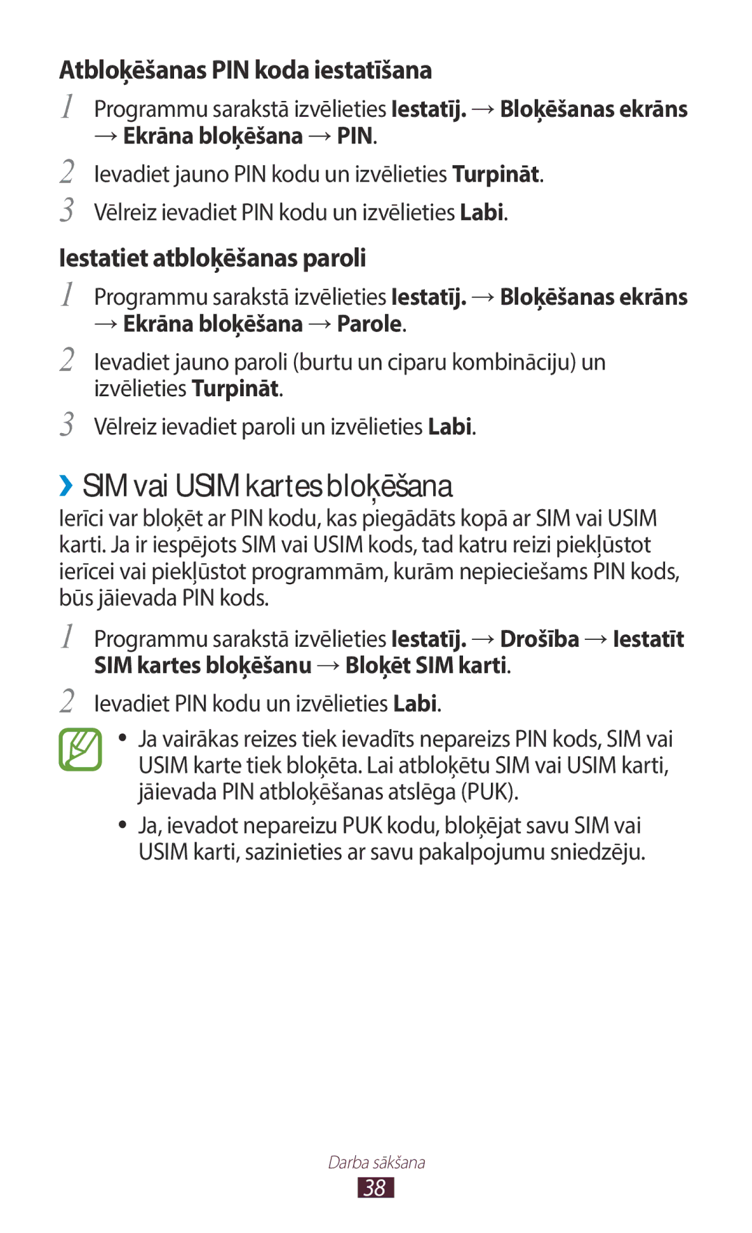 Samsung GT-B5330ZWASEB manual ››SIM vai Usim kartes bloķēšana, Atbloķēšanas PIN koda iestatīšana 