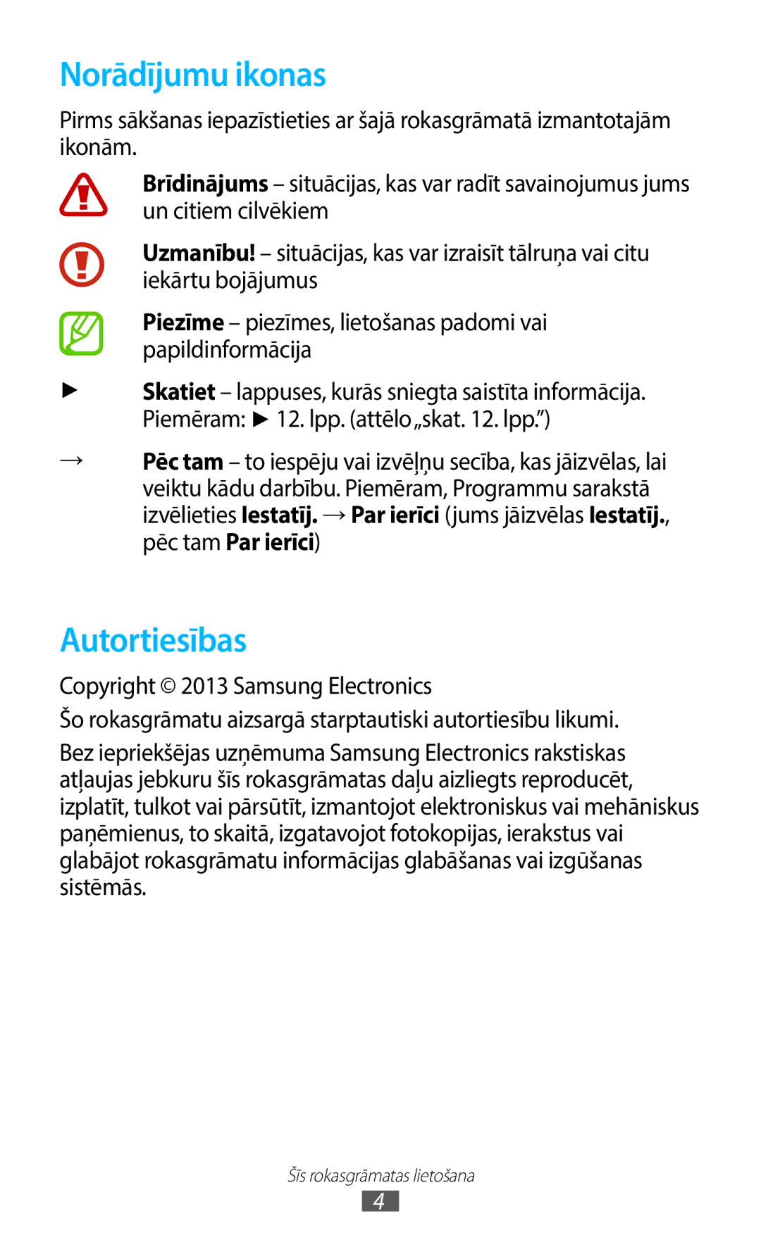 Samsung GT-B5330ZWASEB manual Norādījumu ikonas, Autortiesības 