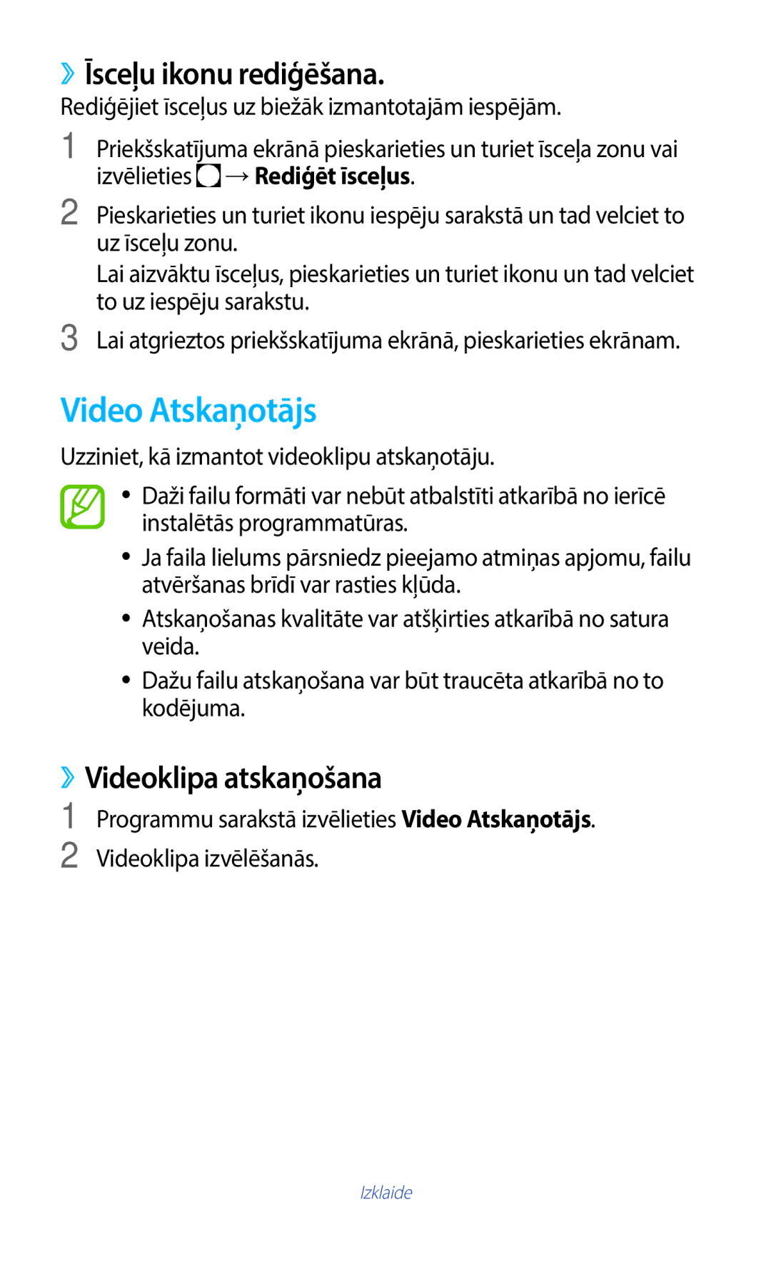 Samsung GT-B5330ZWASEB manual Video Atskaņotājs, ››Īsceļu ikonu rediģēšana, ››Videoklipa atskaņošana 