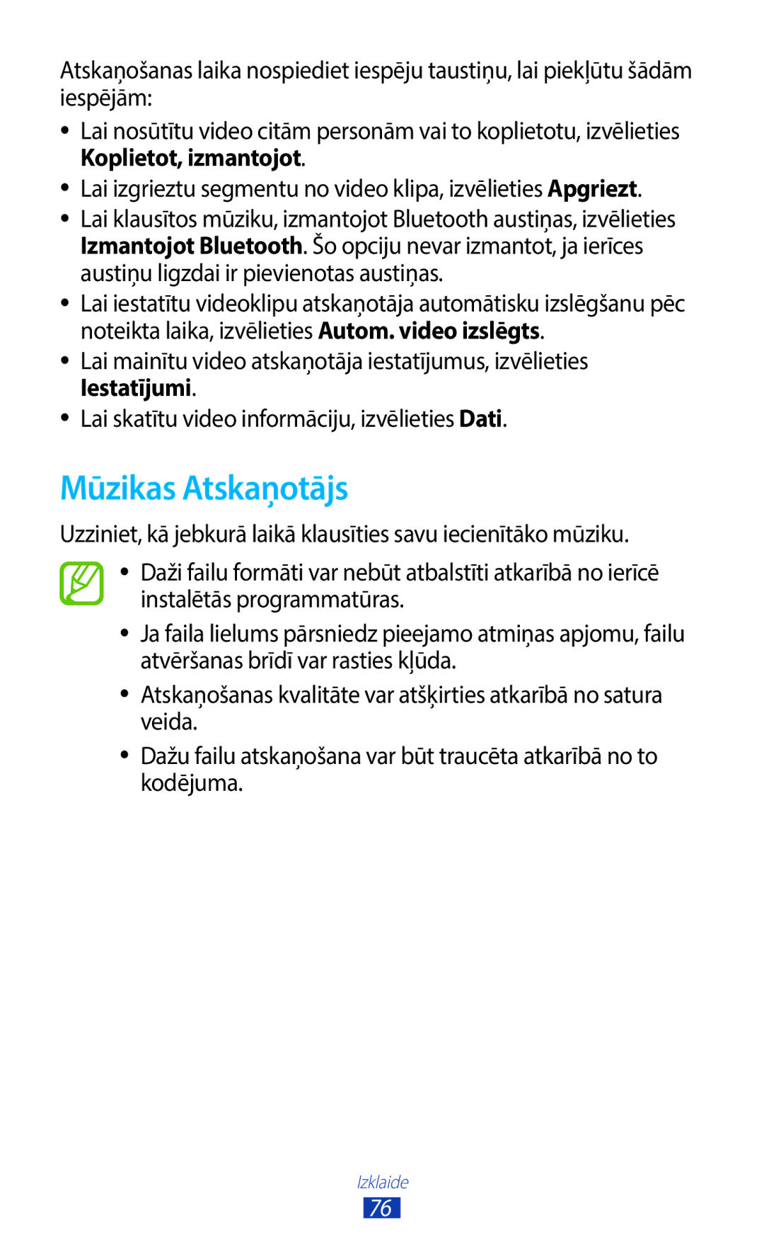 Samsung GT-B5330ZWASEB manual Mūzikas Atskaņotājs 