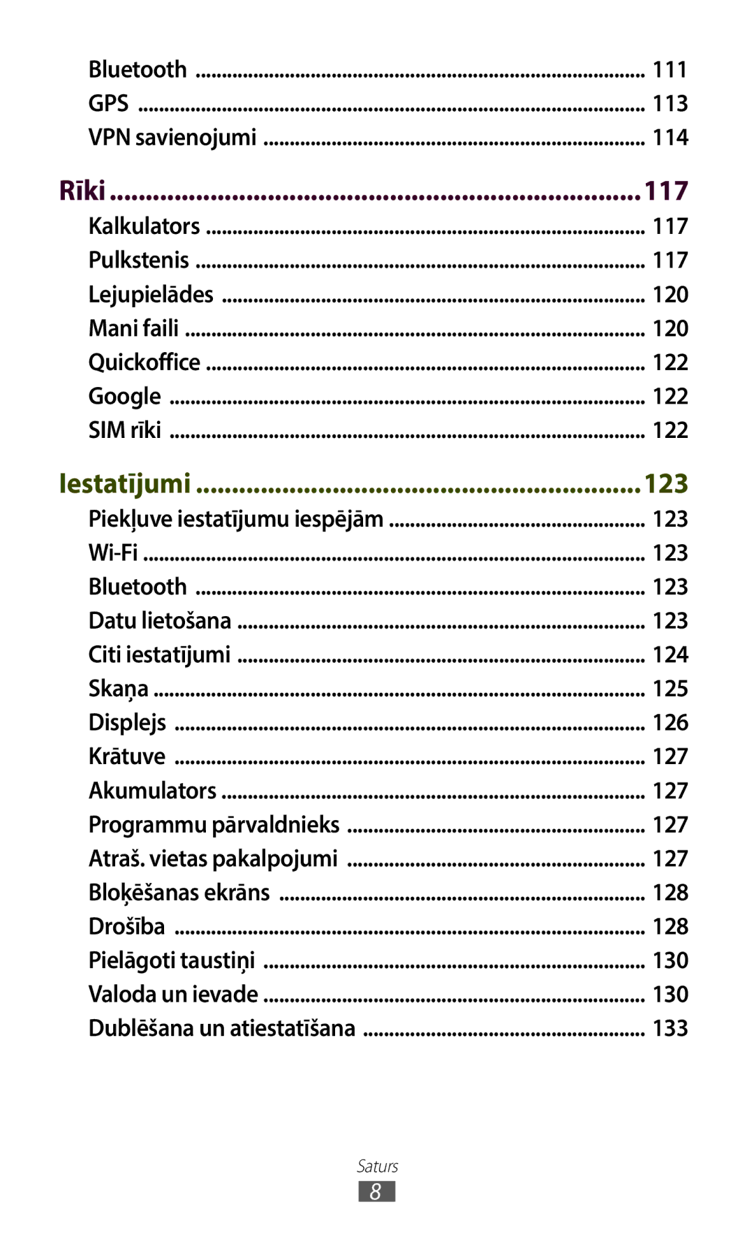 Samsung GT-B5330ZWASEB manual 111, 113, 114, Rīki, 117, 120, 122, 123, 124, 125, 126, 127, 128, 130, 133 