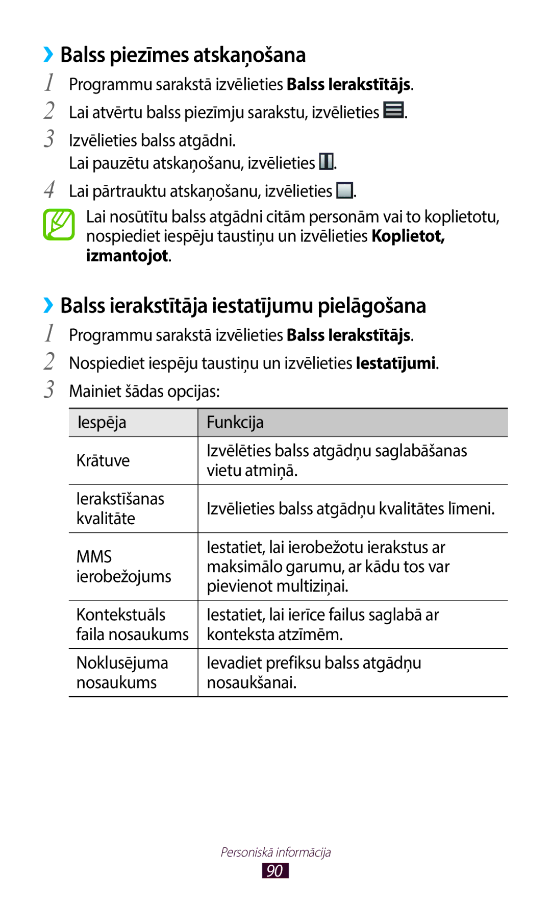 Samsung GT-B5330ZWASEB manual ››Balss ierakstītāja iestatījumu pielāgošana 