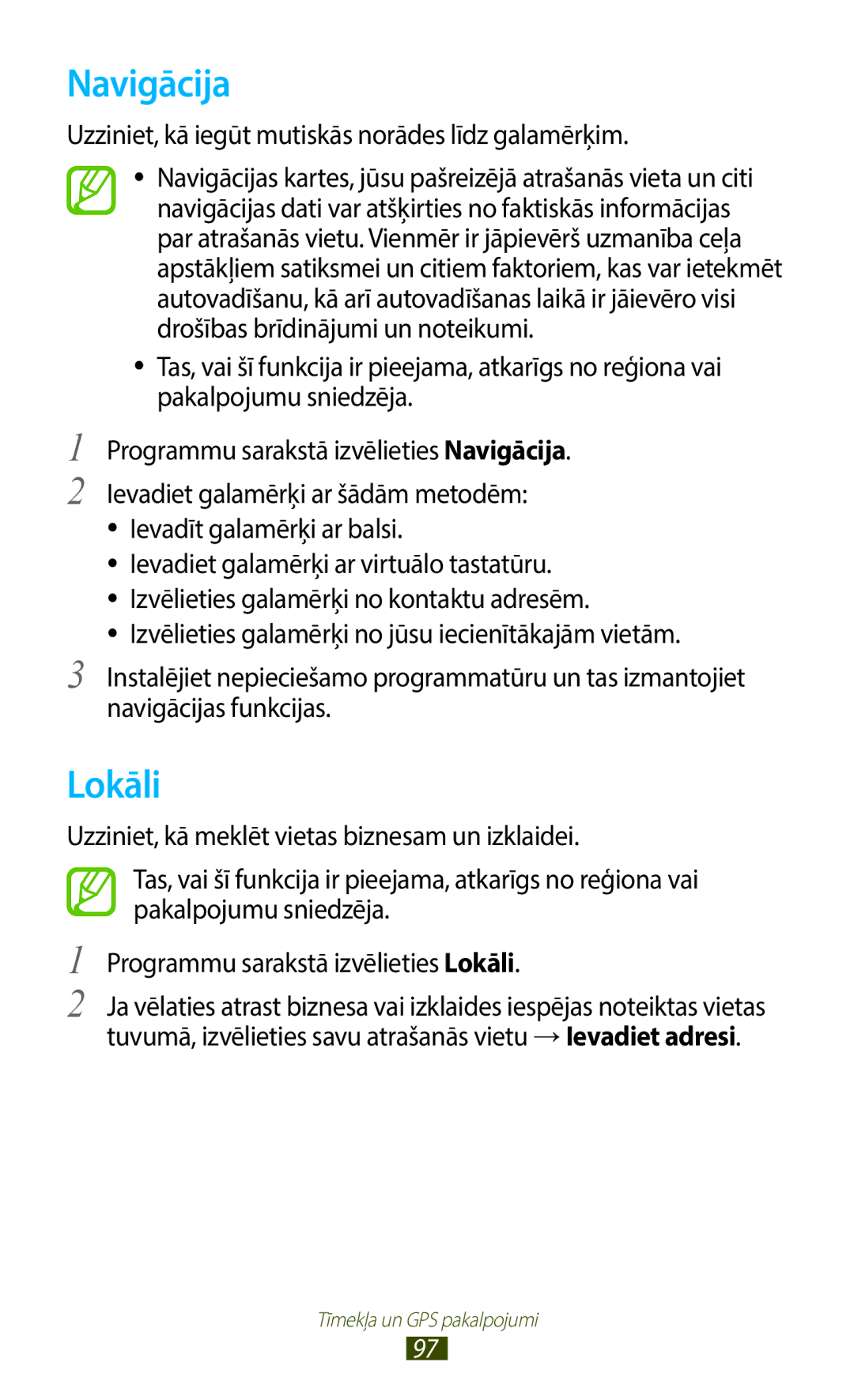 Samsung GT-B5330ZWASEB manual Navigācija, Lokāli, Uzziniet, kā iegūt mutiskās norādes līdz galamērķim 