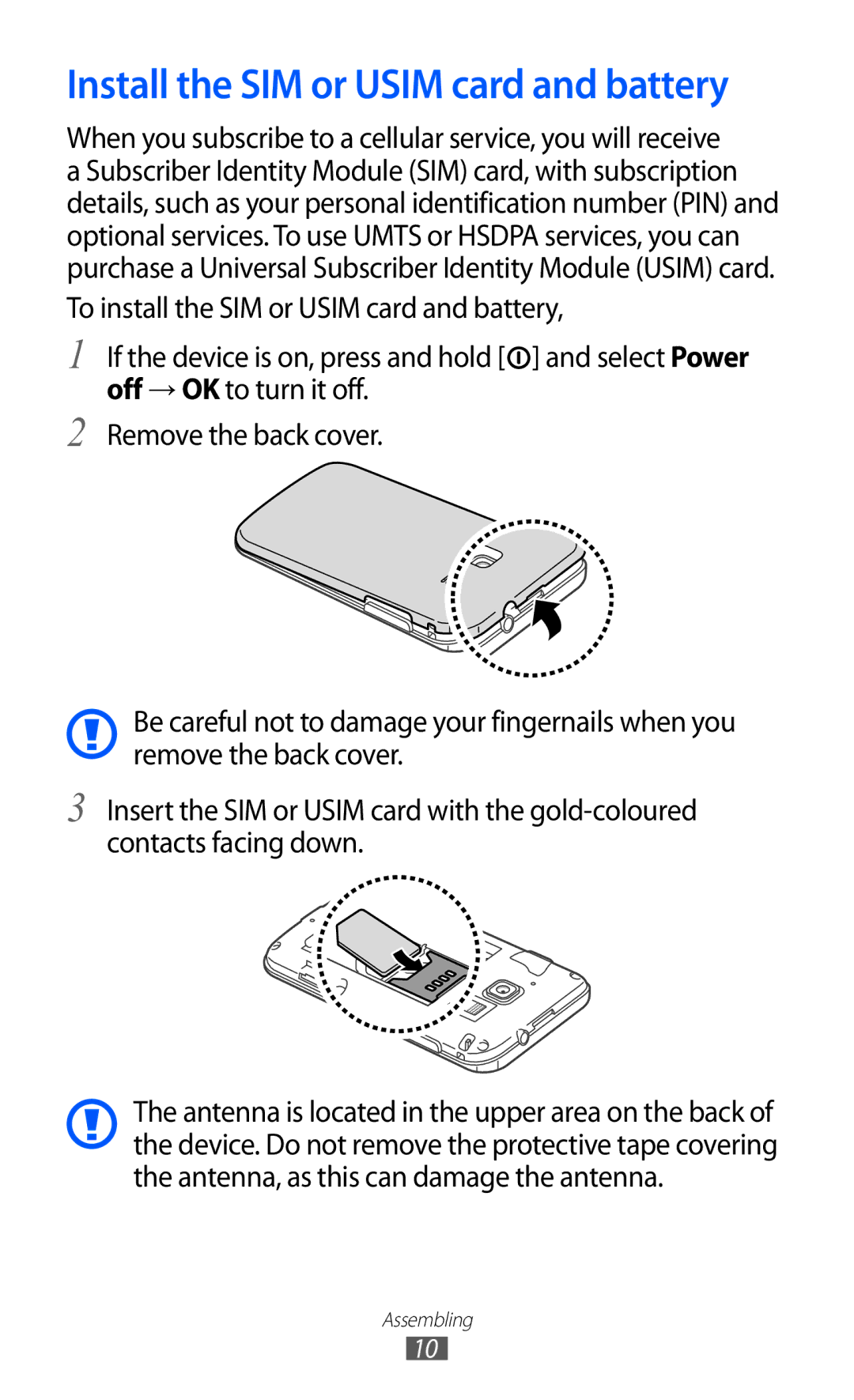 Samsung GT-B5510 user manual Install the SIM or Usim card and battery 