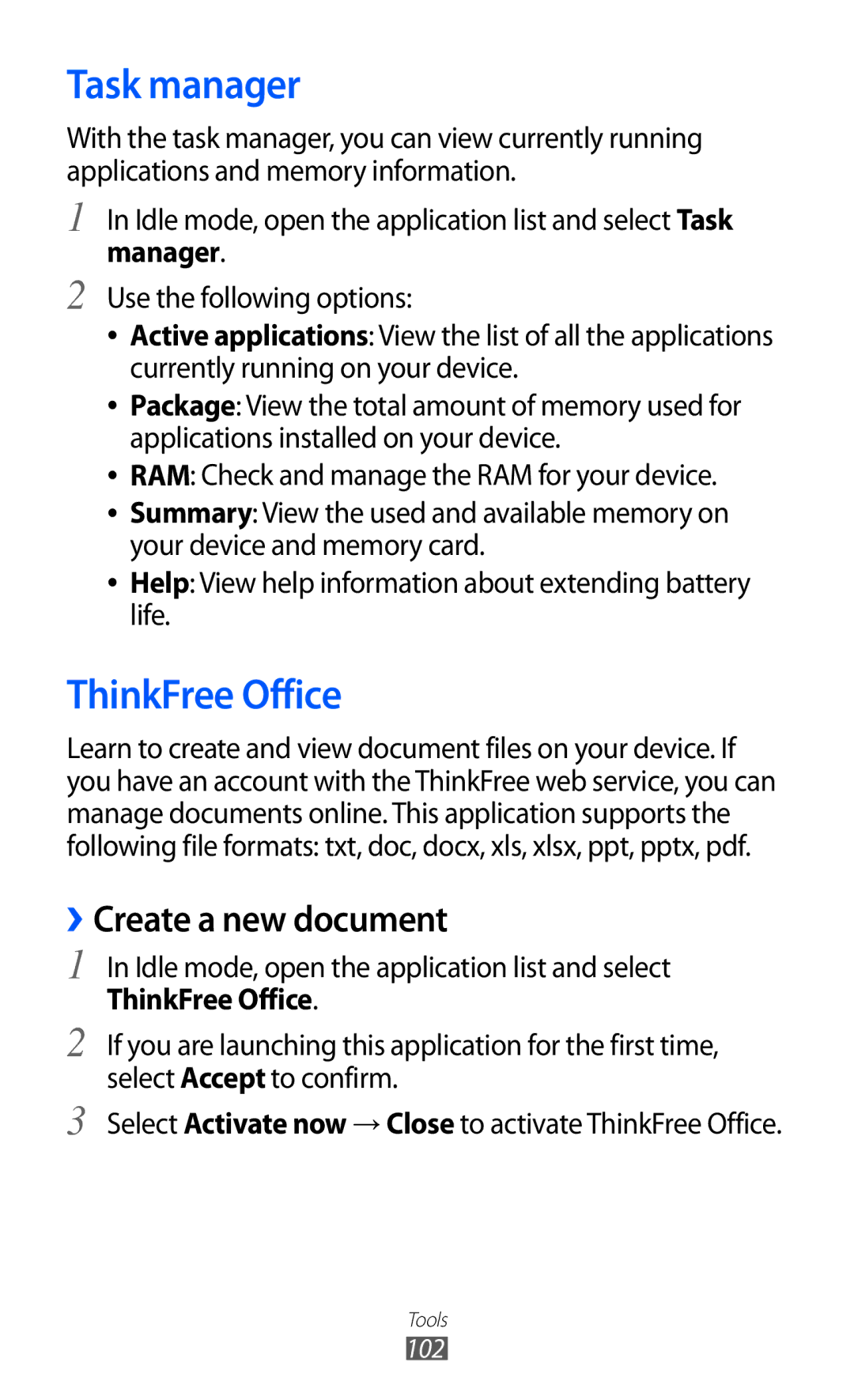 Samsung GT-B5510 user manual Task manager, ThinkFree Office, ››Create a new document 