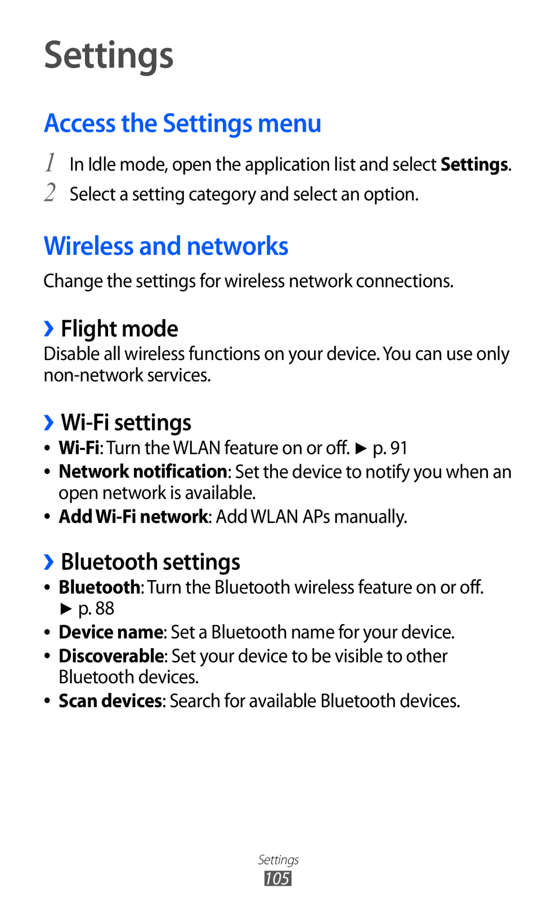 Samsung GT-B5510 user manual Access the Settings menu, Wireless and networks 