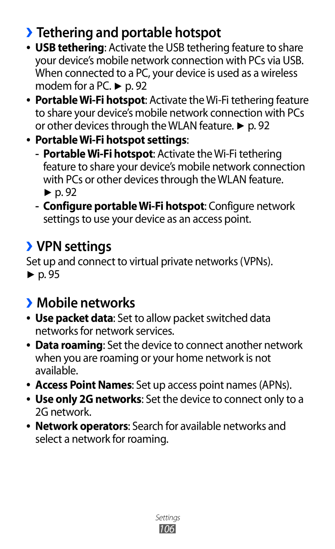 Samsung GT-B5510 ››Tethering and portable hotspot, ››VPN settings, ››Mobile networks, Portable Wi-Fi hotspot settings 