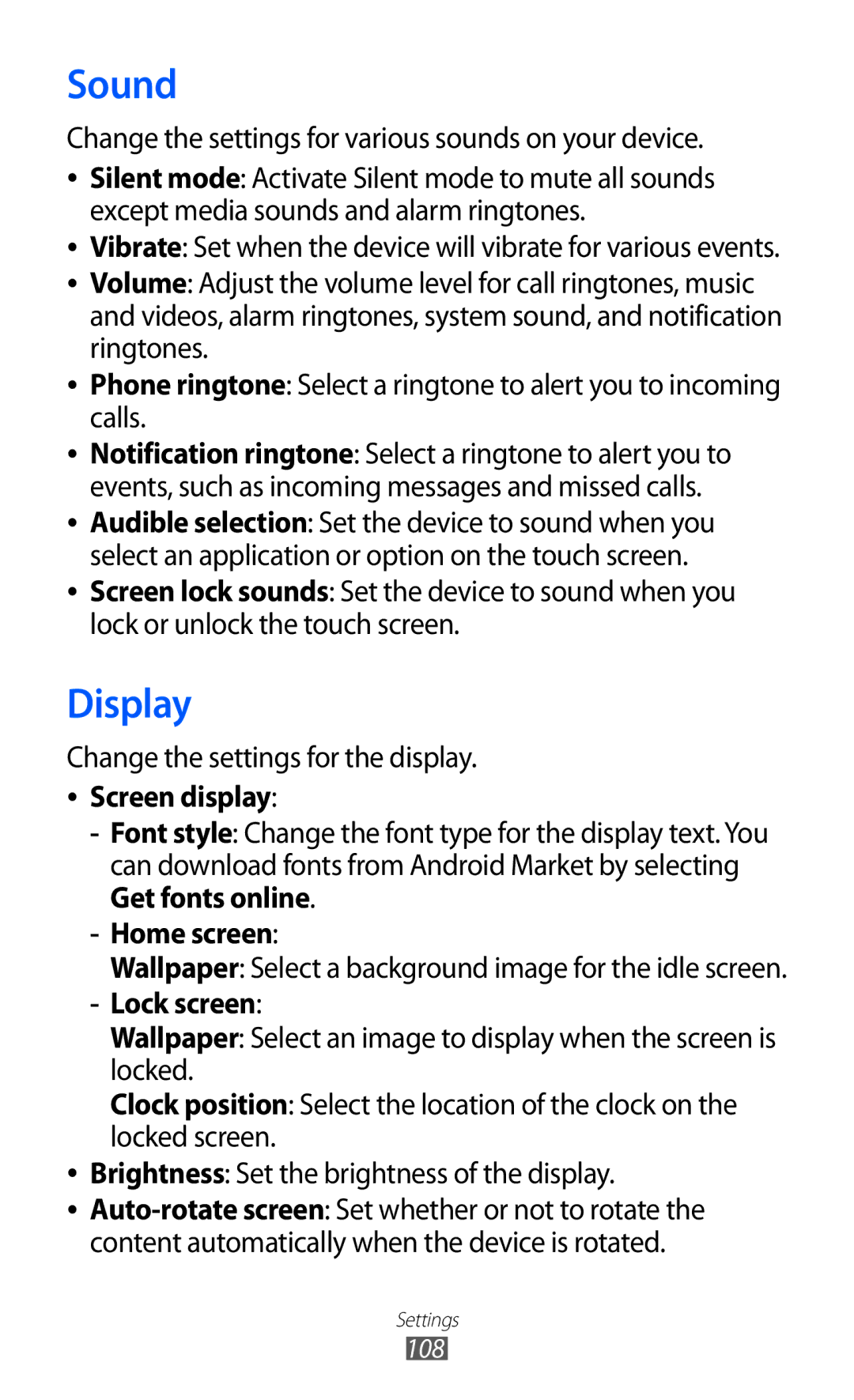 Samsung GT-B5510 user manual Sound, Display, Screen display, Home screen, Lock screen 