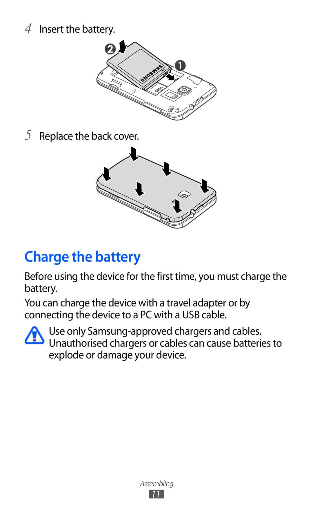 Samsung GT-B5510 user manual Charge the battery, Insert the battery Replace the back cover 