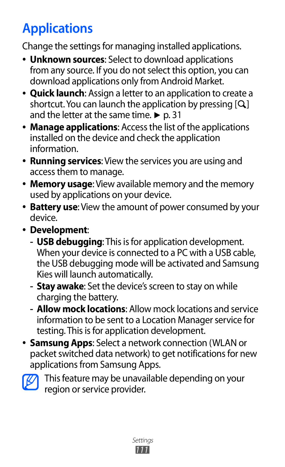 Samsung GT-B5510 user manual Applications, Change the settings for managing installed applications, Development 