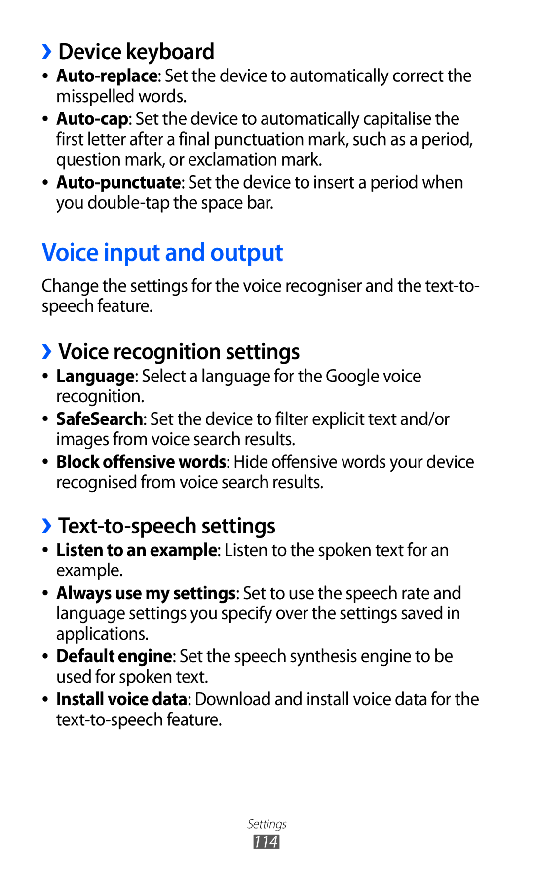 Samsung GT-B5510 Voice input and output, ››Device keyboard, ››Voice recognition settings, ››Text-to-speech settings 