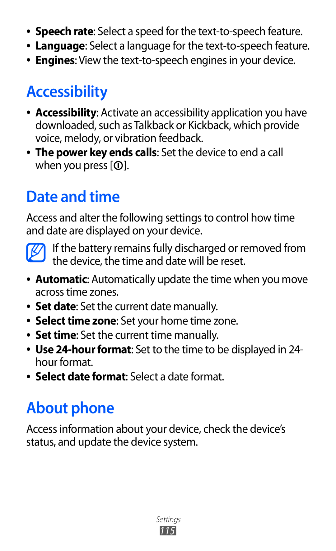 Samsung GT-B5510 Accessibility, Date and time, About phone, Speech rate Select a speed for the text-to-speech feature 