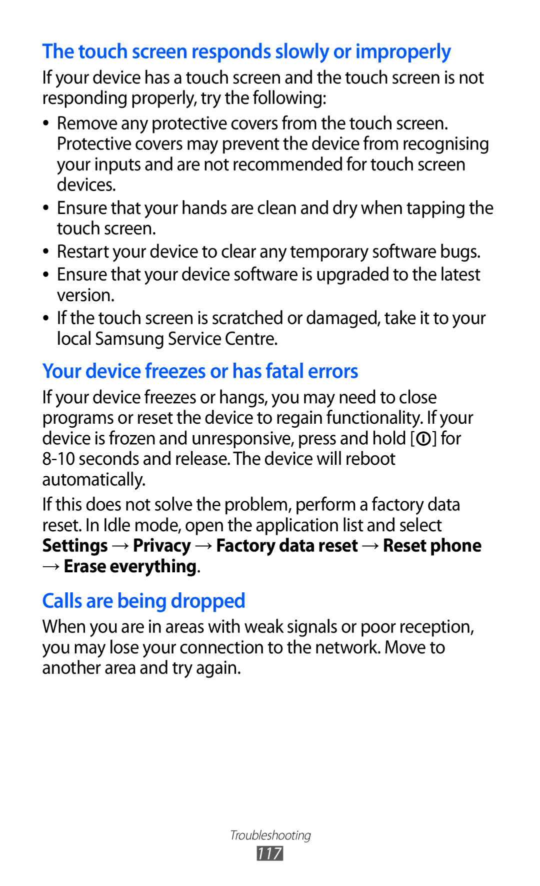 Samsung GT-B5510 user manual Touch screen responds slowly or improperly, → Erase everything 