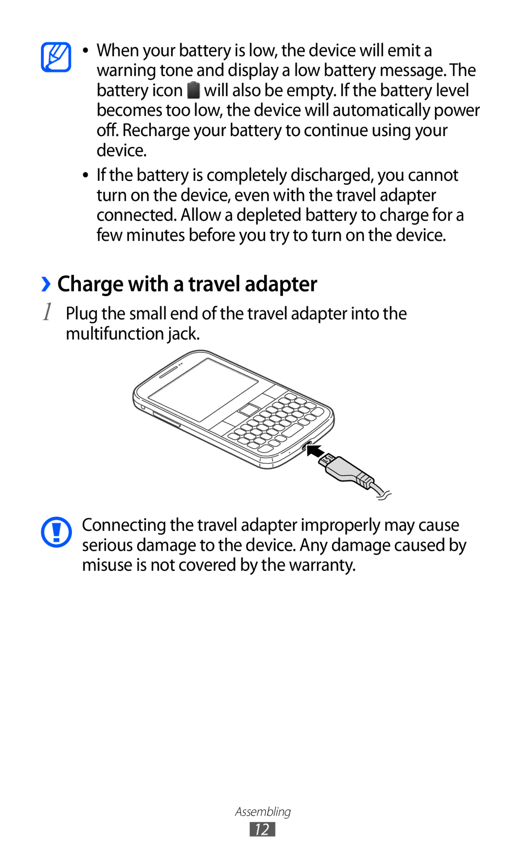 Samsung GT-B5510 user manual ››Charge with a travel adapter 