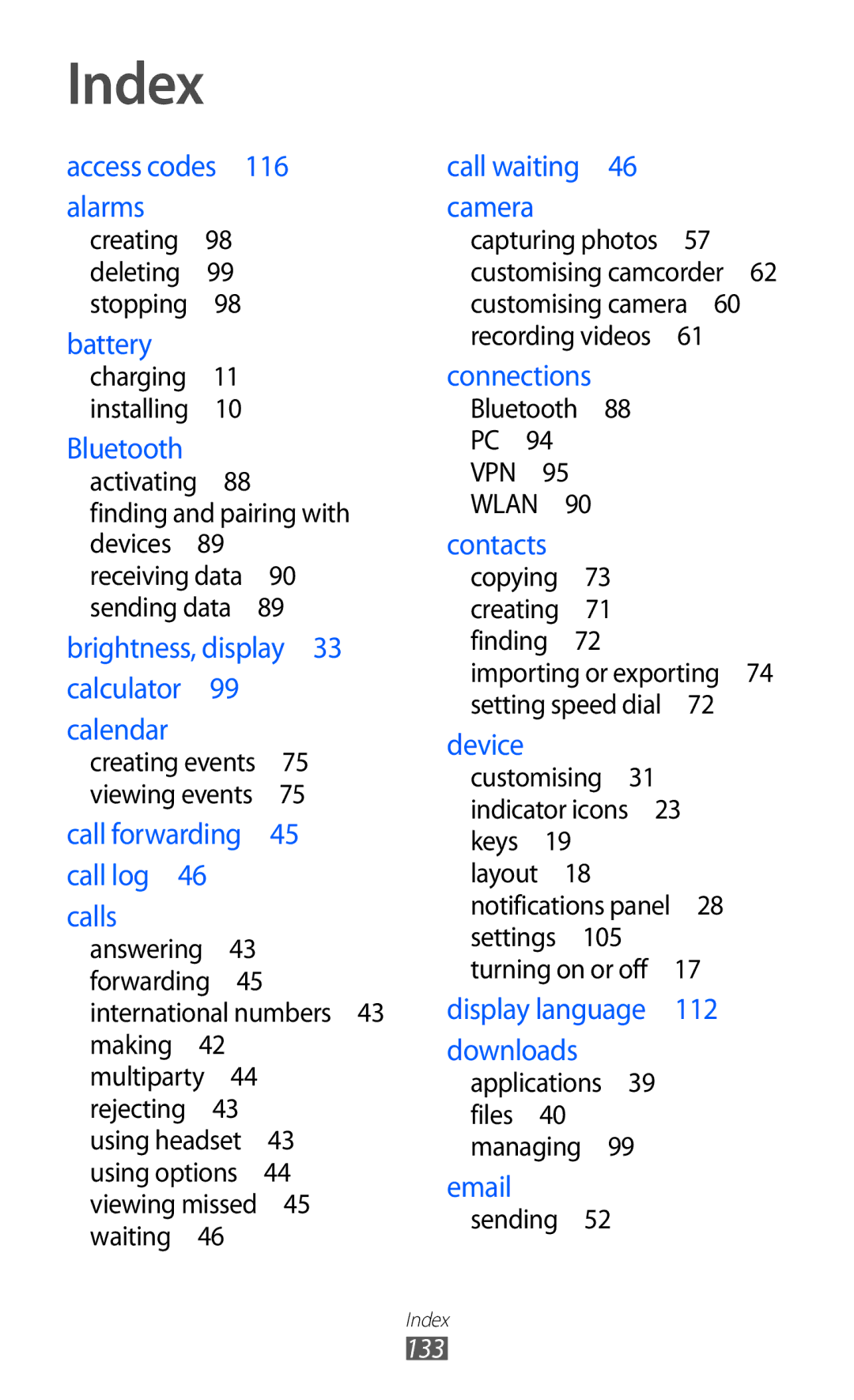 Samsung GT-B5510 user manual Index, Battery 