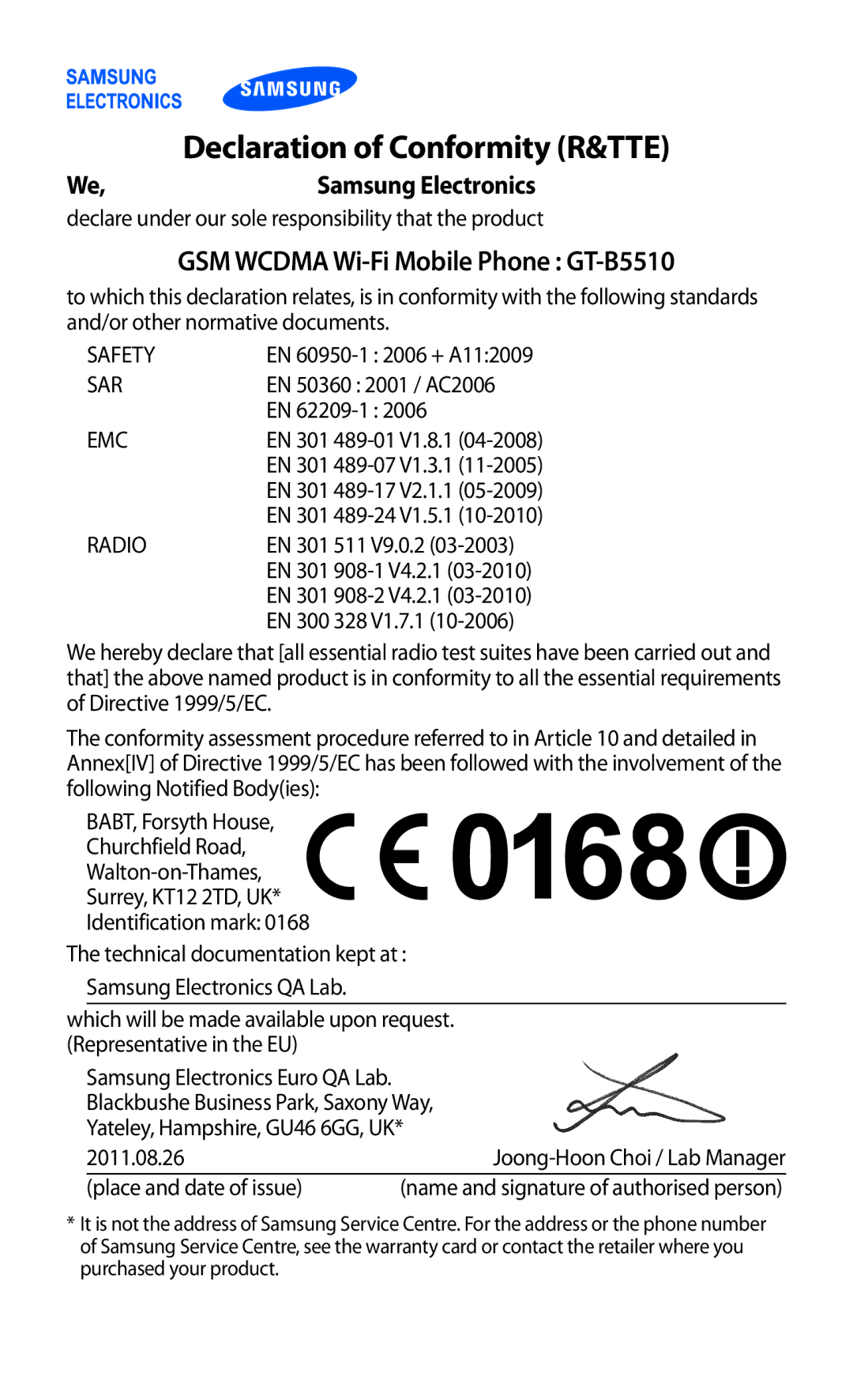 Samsung user manual Declaration of Conformity R&TTE, GSM Wcdma Wi-Fi Mobile Phone GT-B5510 