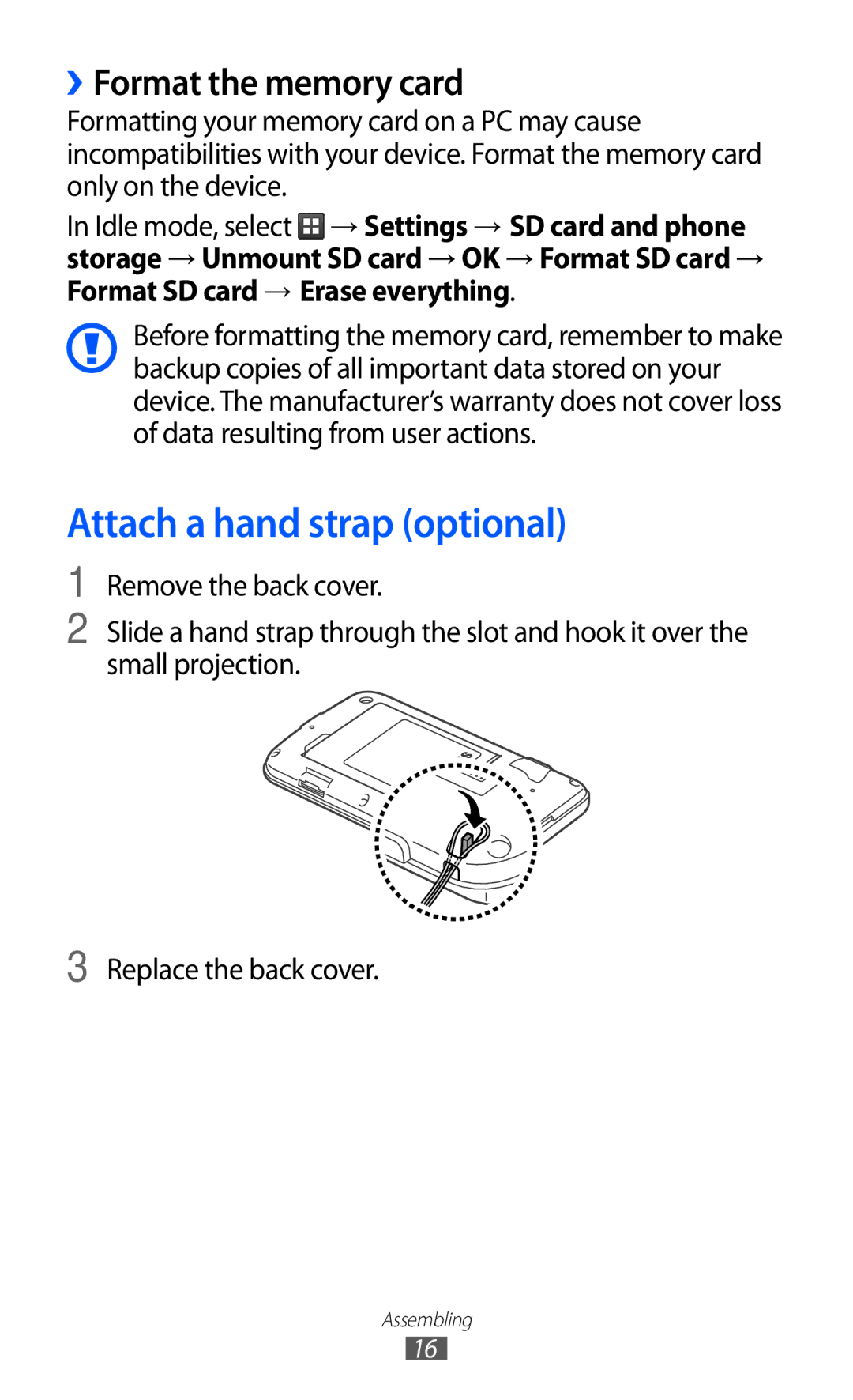 Samsung GT-B5510 user manual Attach a hand strap optional, ››Format the memory card 