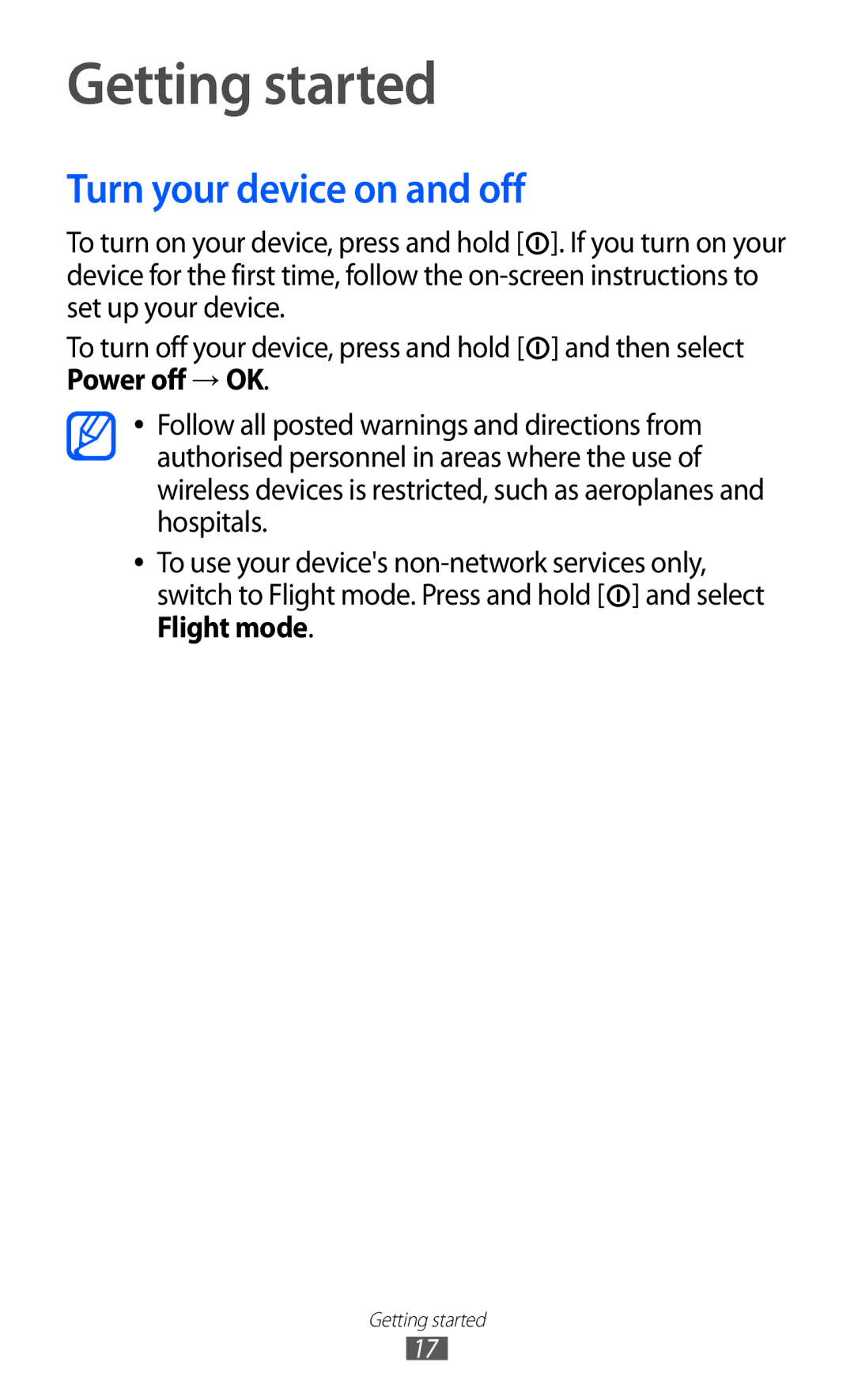 Samsung GT-B5510 user manual Getting started, Turn your device on and off 