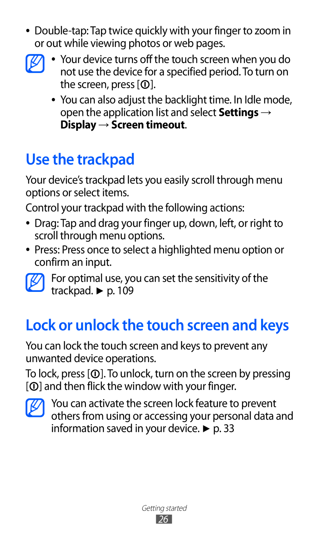 Samsung GT-B5510 user manual Use the trackpad, Lock or unlock the touch screen and keys 