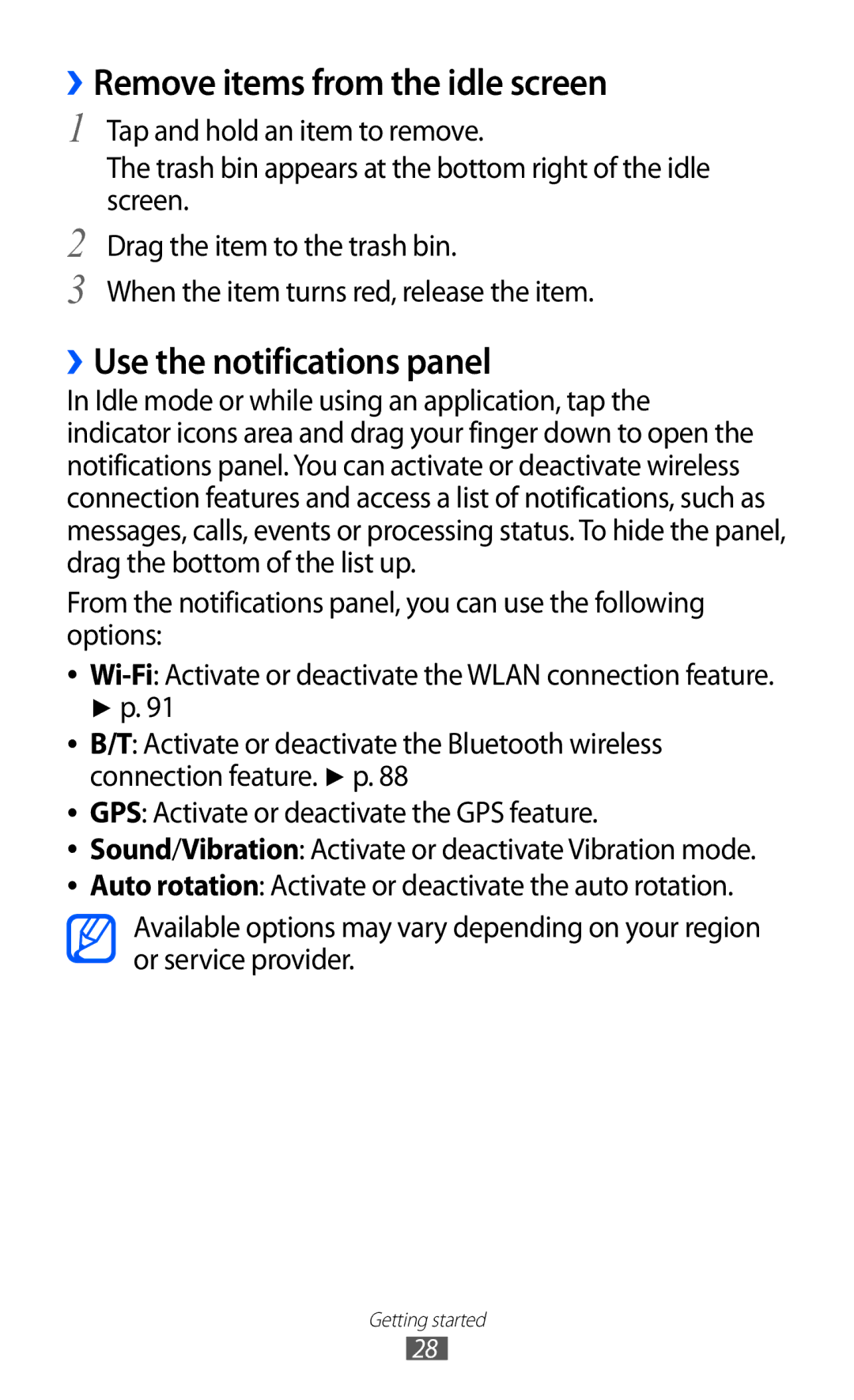 Samsung GT-B5510 user manual ››Remove items from the idle screen, ››Use the notifications panel 