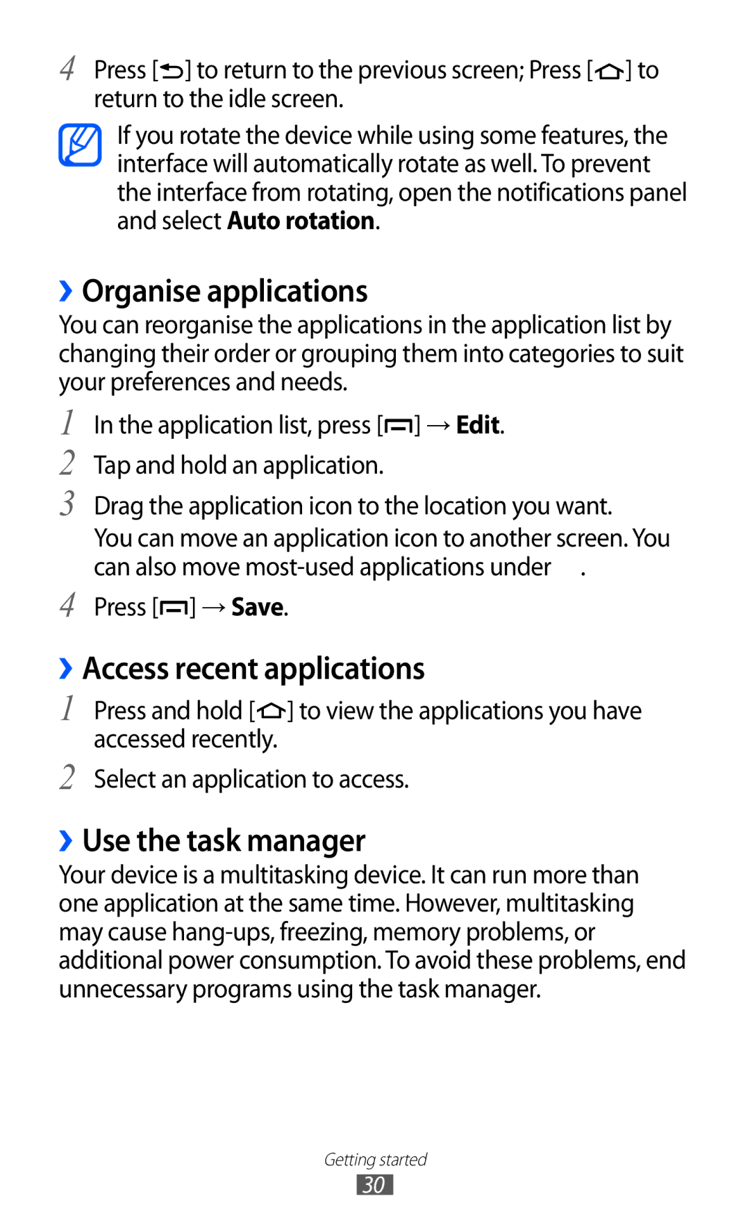 Samsung GT-B5510 user manual ››Organise applications, ››Access recent applications, ››Use the task manager, Press → Save 