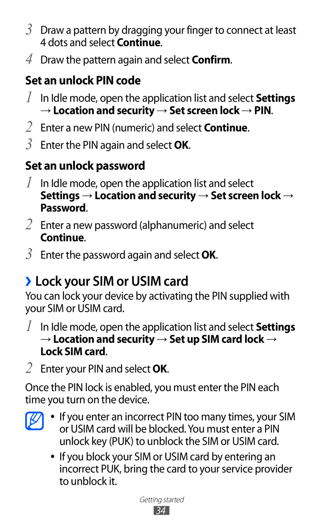 Samsung GT-B5510 user manual ››Lock your SIM or Usim card, → Location and security → Set screen lock → PIN 