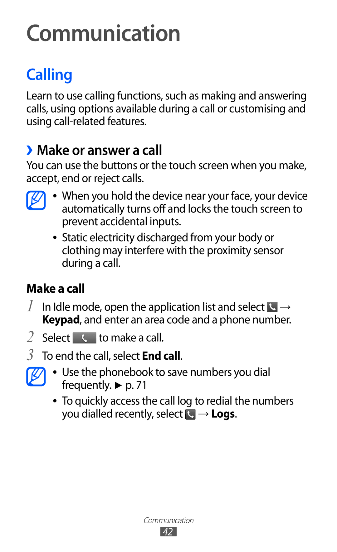 Samsung GT-B5510 user manual Communication, Calling, ››Make or answer a call, Select To make a call 