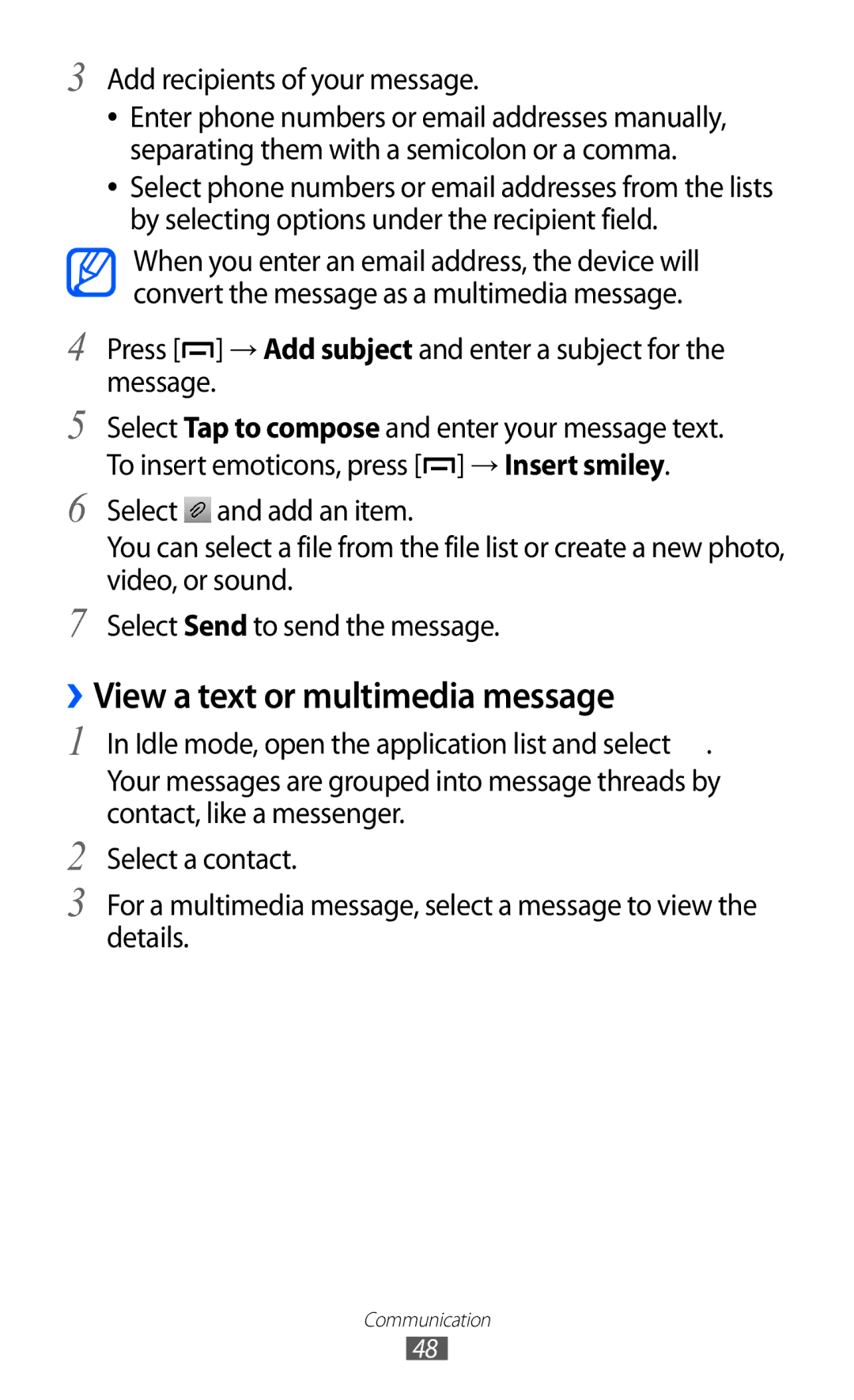 Samsung GT-B5510 user manual ››View a text or multimedia message, Add recipients of your message 