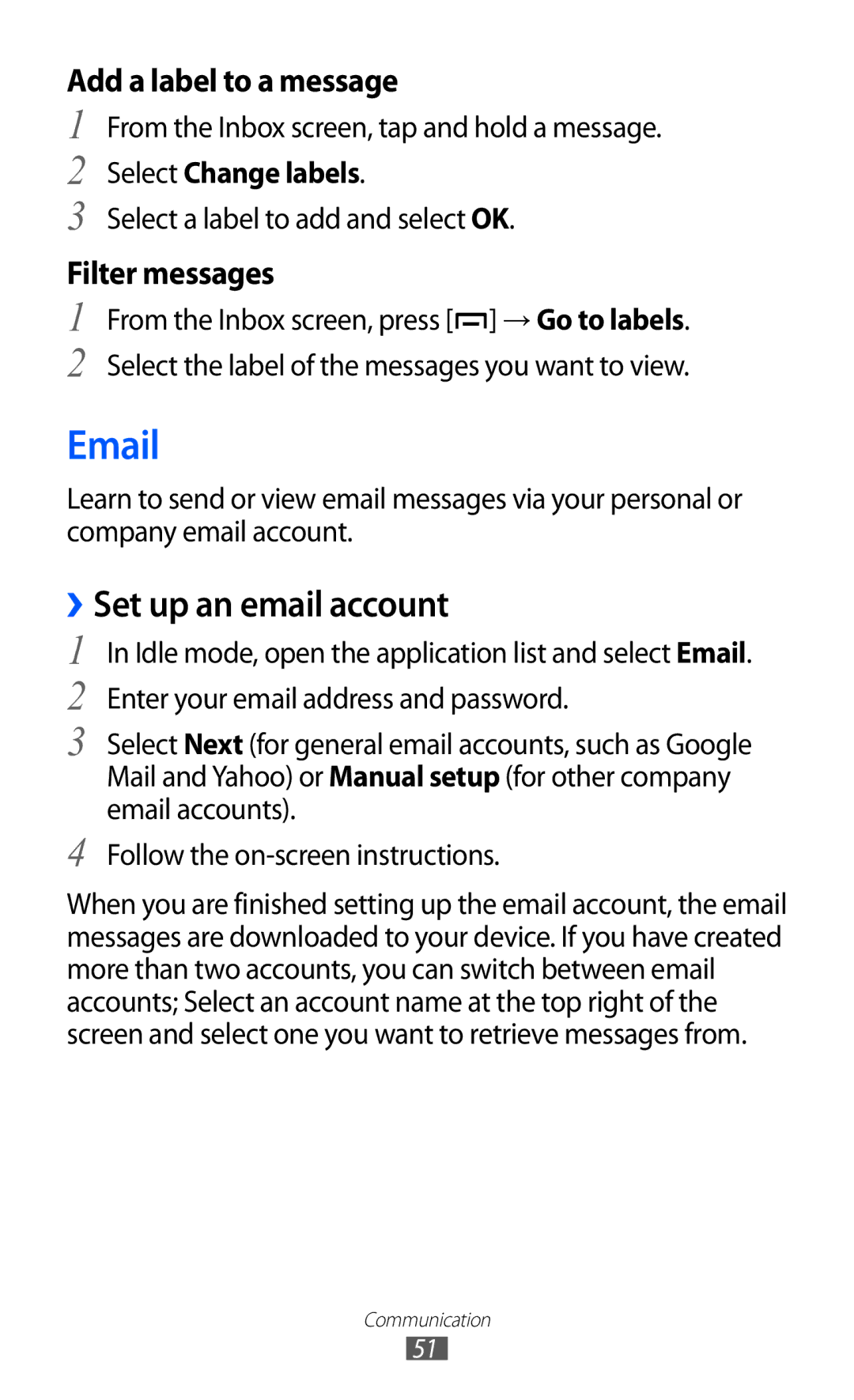 Samsung GT-B5510 user manual ››Set up an email account, From the Inbox screen, tap and hold a message, Select Change labels 