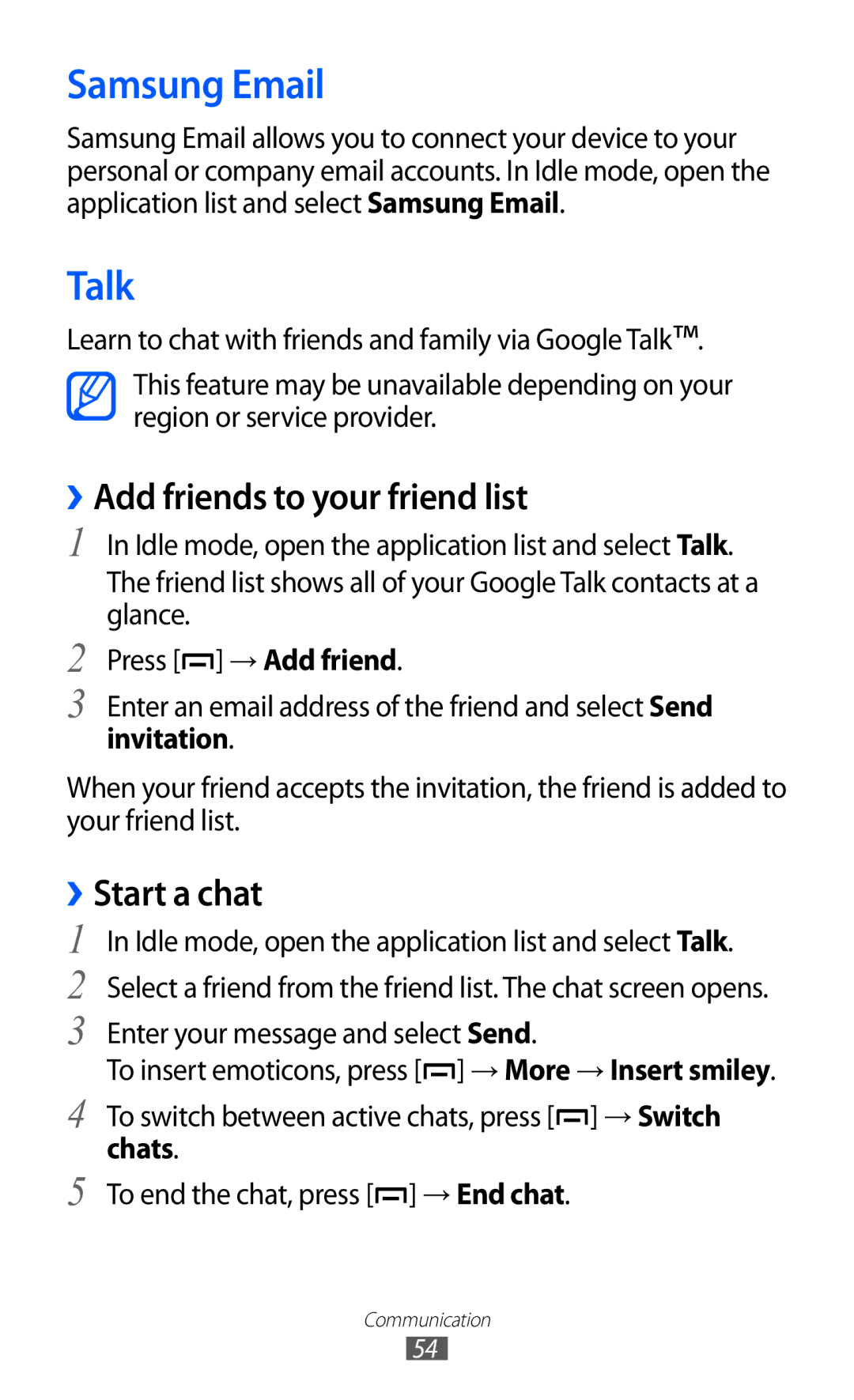 Samsung GT-B5510 user manual Samsung Email, Talk, ››Add friends to your friend list, ››Start a chat 