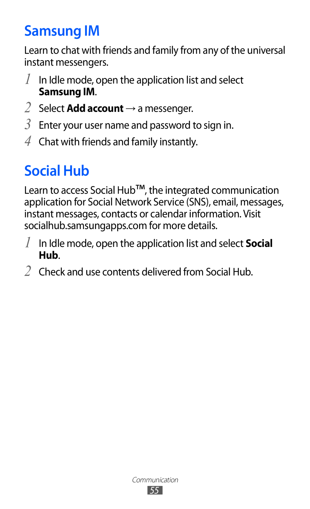 Samsung GT-B5510 user manual Samsung IM, Social Hub 