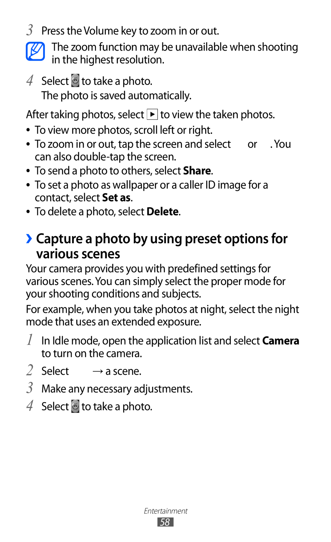 Samsung GT-B5510 user manual ››Capture a photo by using preset options for various scenes 