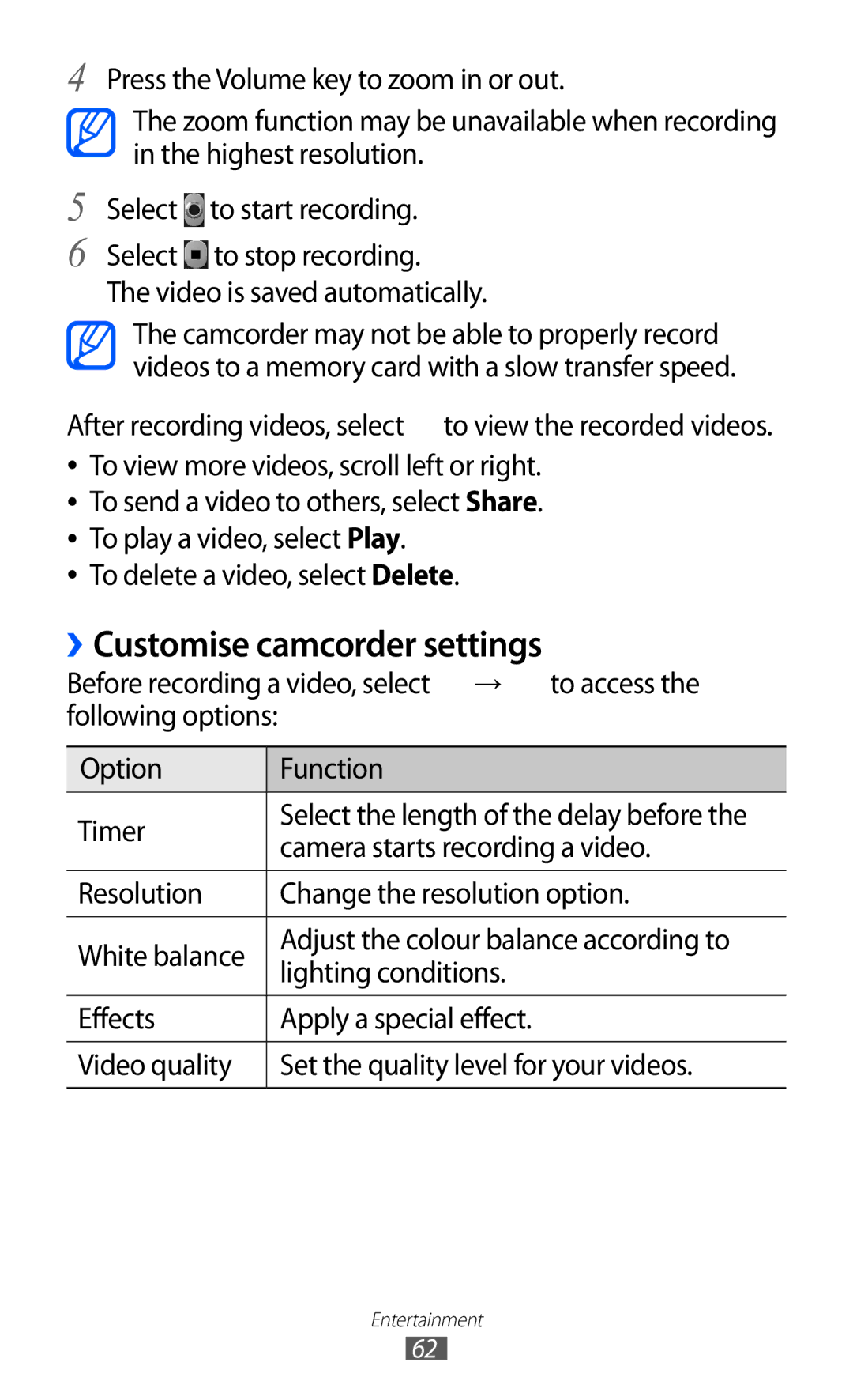 Samsung GT-B5510 user manual Customise camcorder settings 