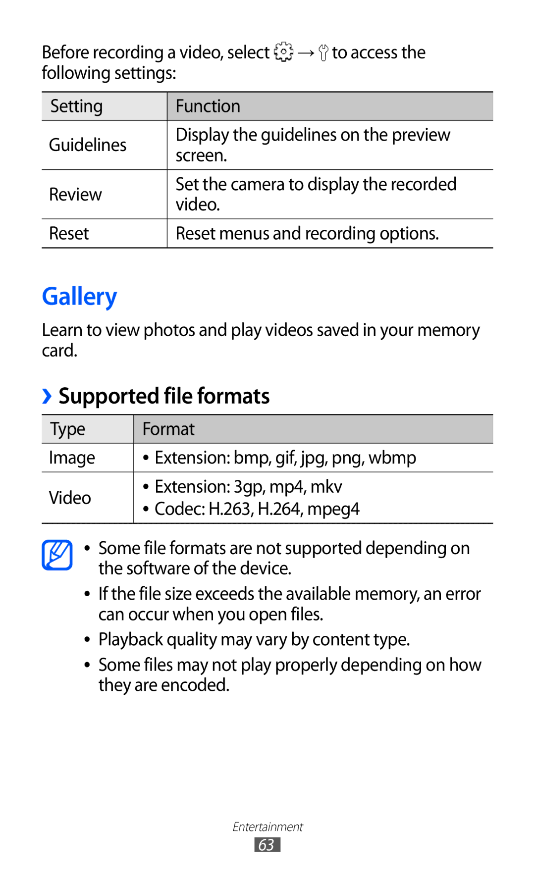 Samsung GT-B5510 user manual Gallery, Supported file formats 