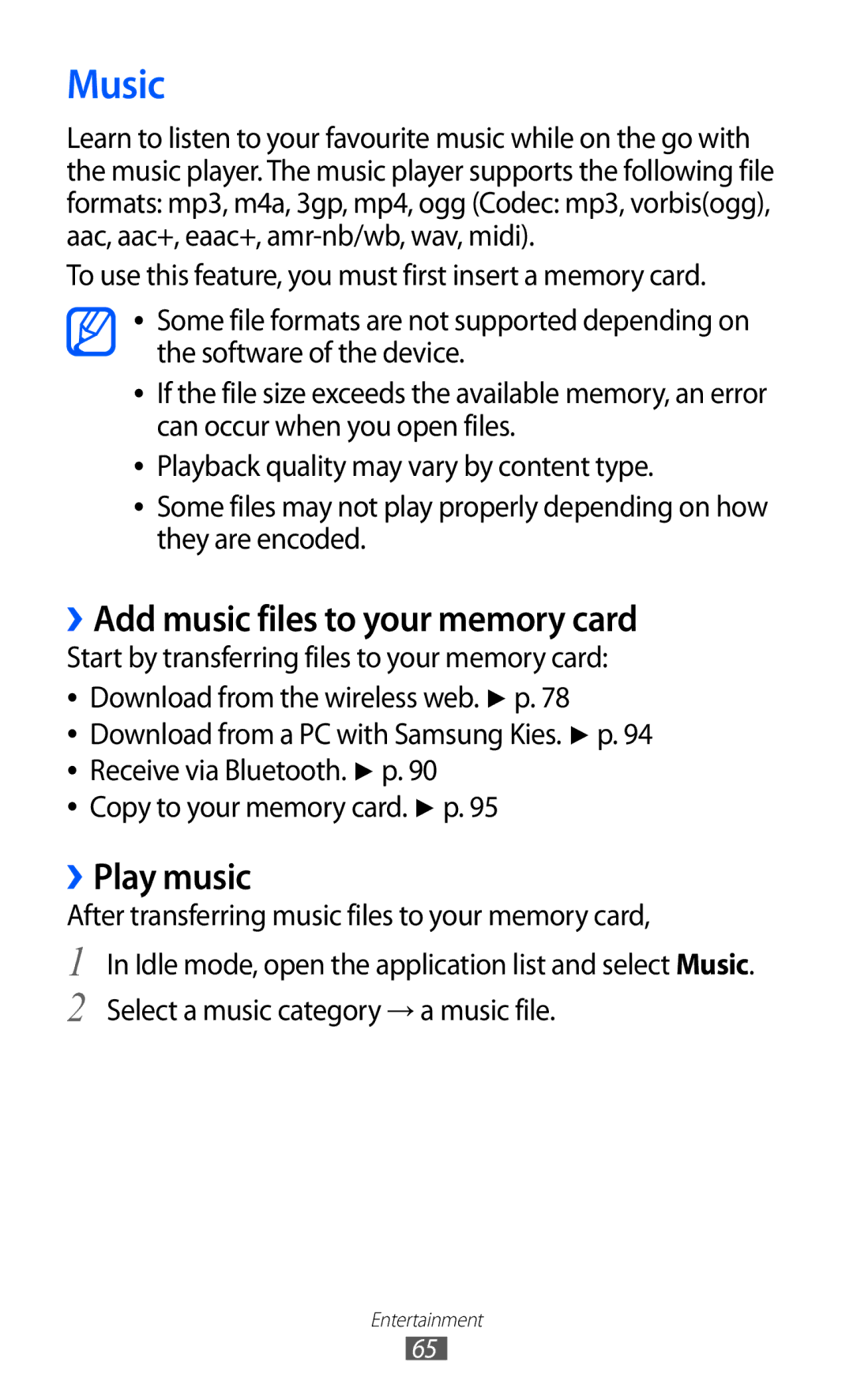 Samsung GT-B5510 user manual Music, ››Add music files to your memory card, ››Play music 