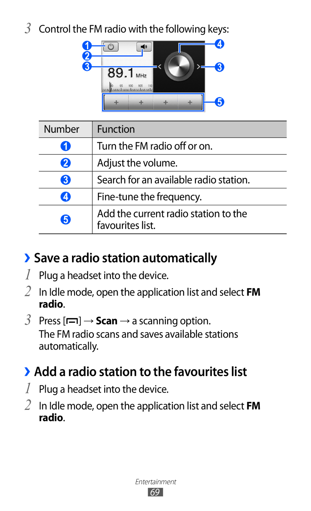 Samsung GT-B5510 user manual ››Save a radio station automatically, ››Add a radio station to the favourites list, Radio 