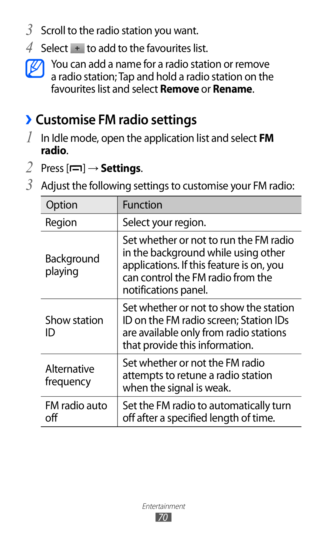 Samsung GT-B5510 user manual ››Customise FM radio settings 