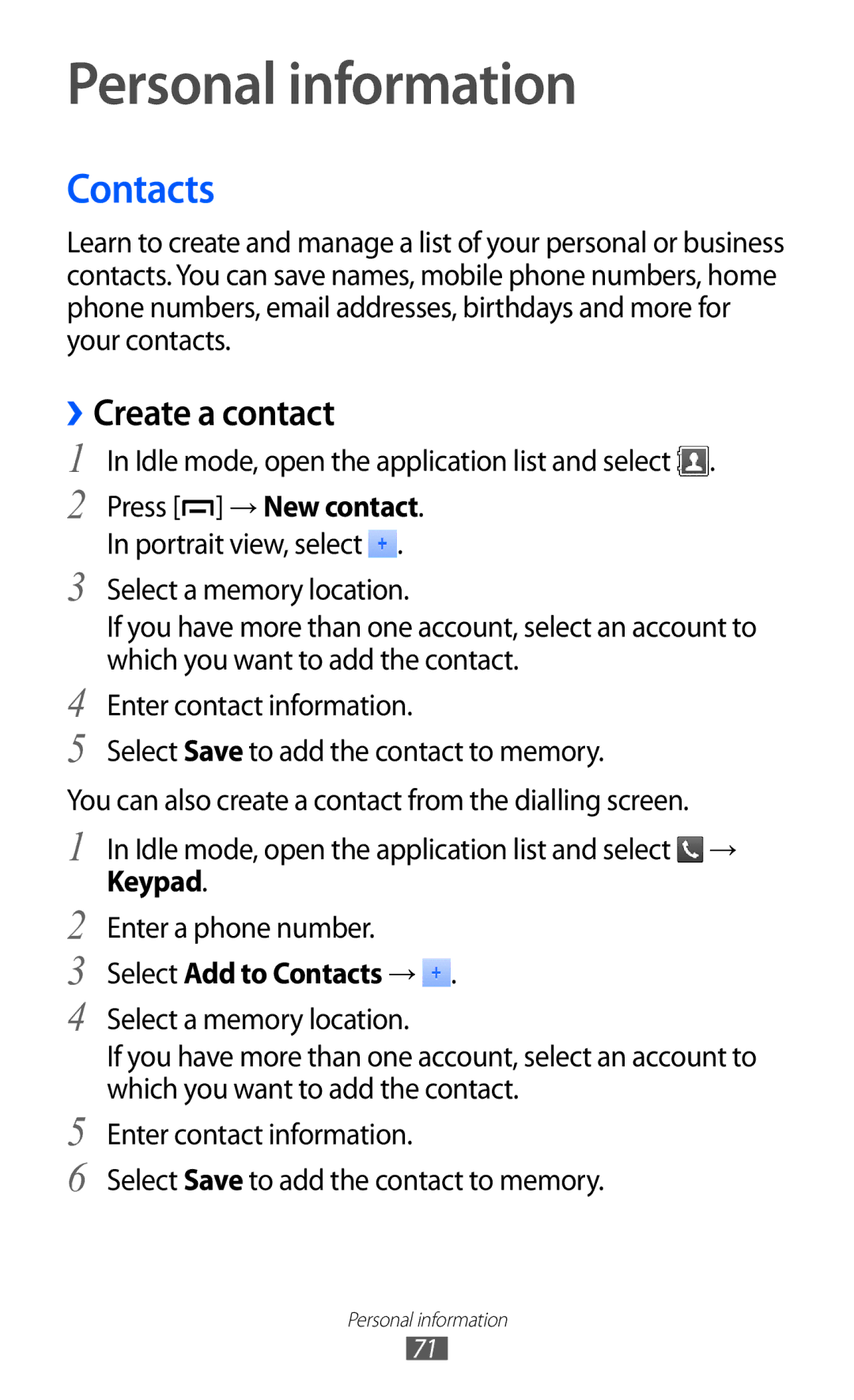 Samsung GT-B5510 user manual Personal information, ››Create a contact, Select Add to Contacts → 