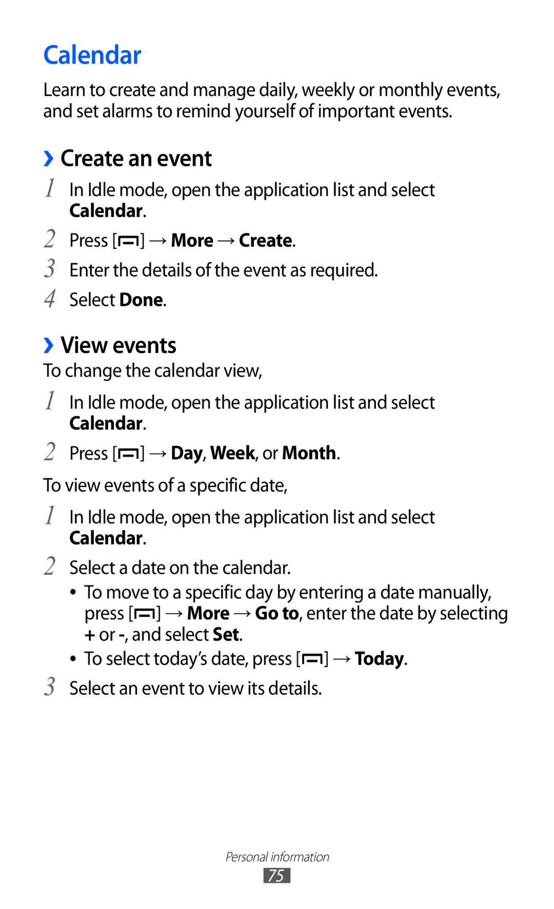 Samsung GT-B5510 user manual ››Create an event, ››View events, Calendar Press → More → Create 