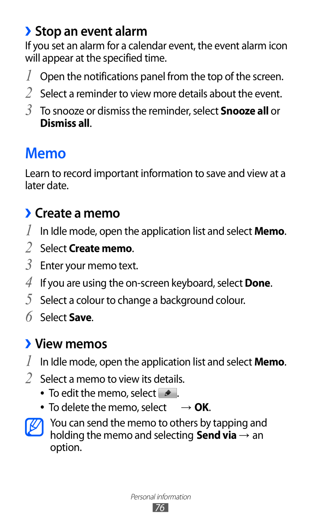 Samsung GT-B5510 user manual Memo, ››Stop an event alarm, ››Create a memo, ››View memos 