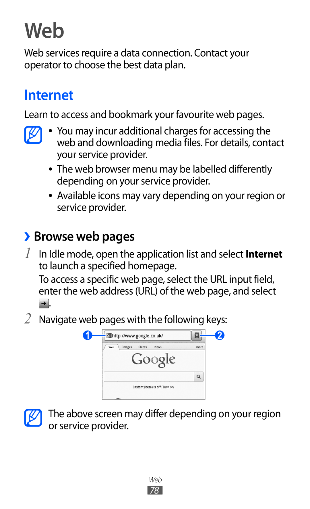 Samsung GT-B5510 user manual Web, Internet, ››Browse web pages 