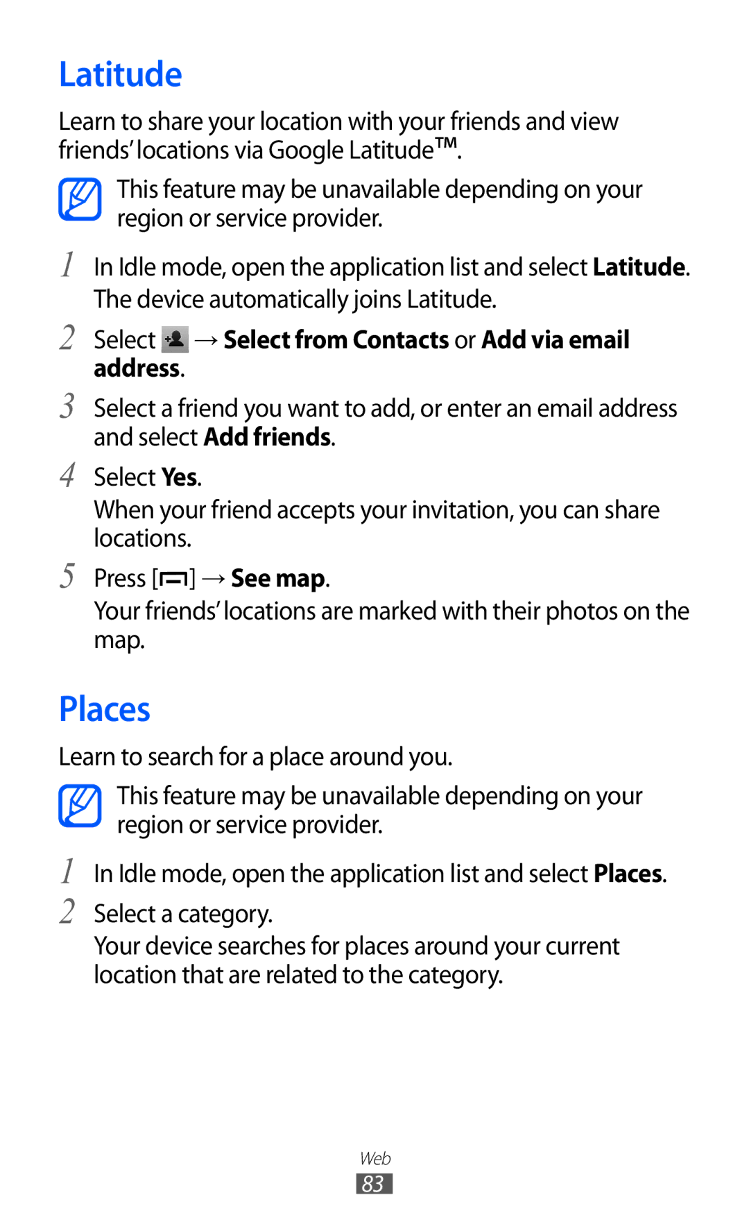 Samsung GT-B5510 user manual Latitude, Places, Select → Select from Contacts or Add via email address 