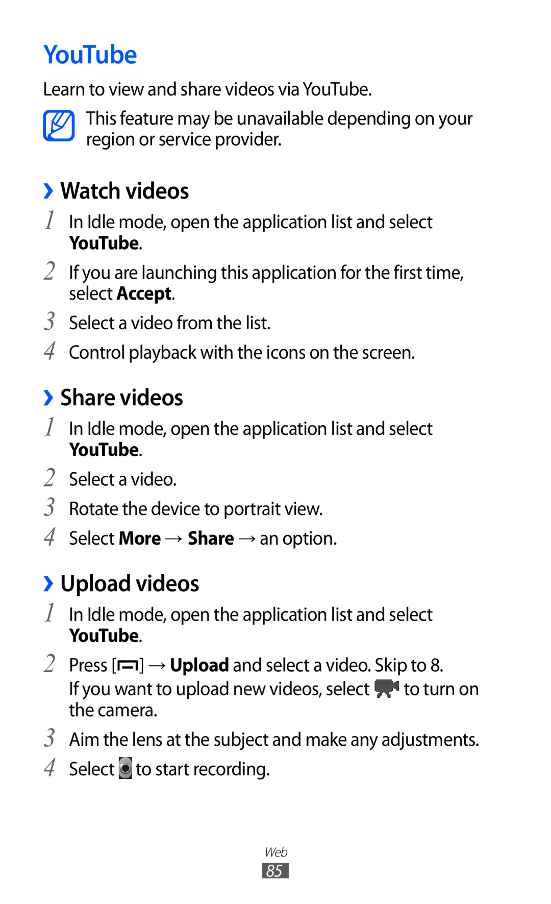 Samsung GT-B5510 user manual YouTube, ››Watch videos, ››Share videos, ››Upload videos 