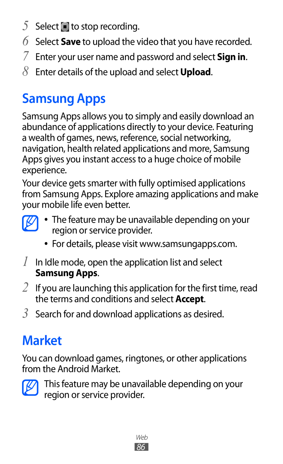 Samsung GT-B5510 user manual Samsung Apps, Market 