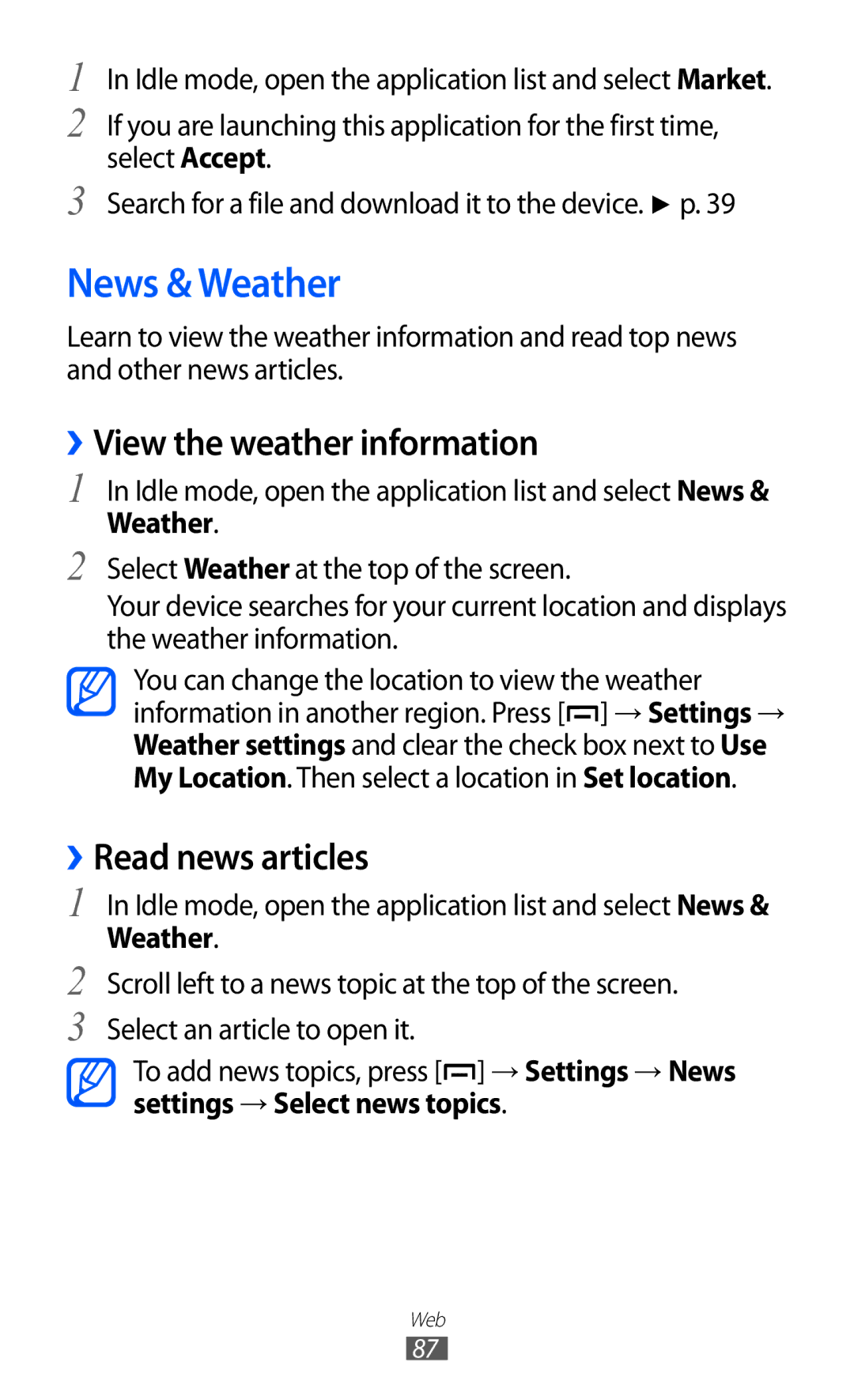 Samsung GT-B5510 user manual News & Weather, ››View the weather information, ››Read news articles 