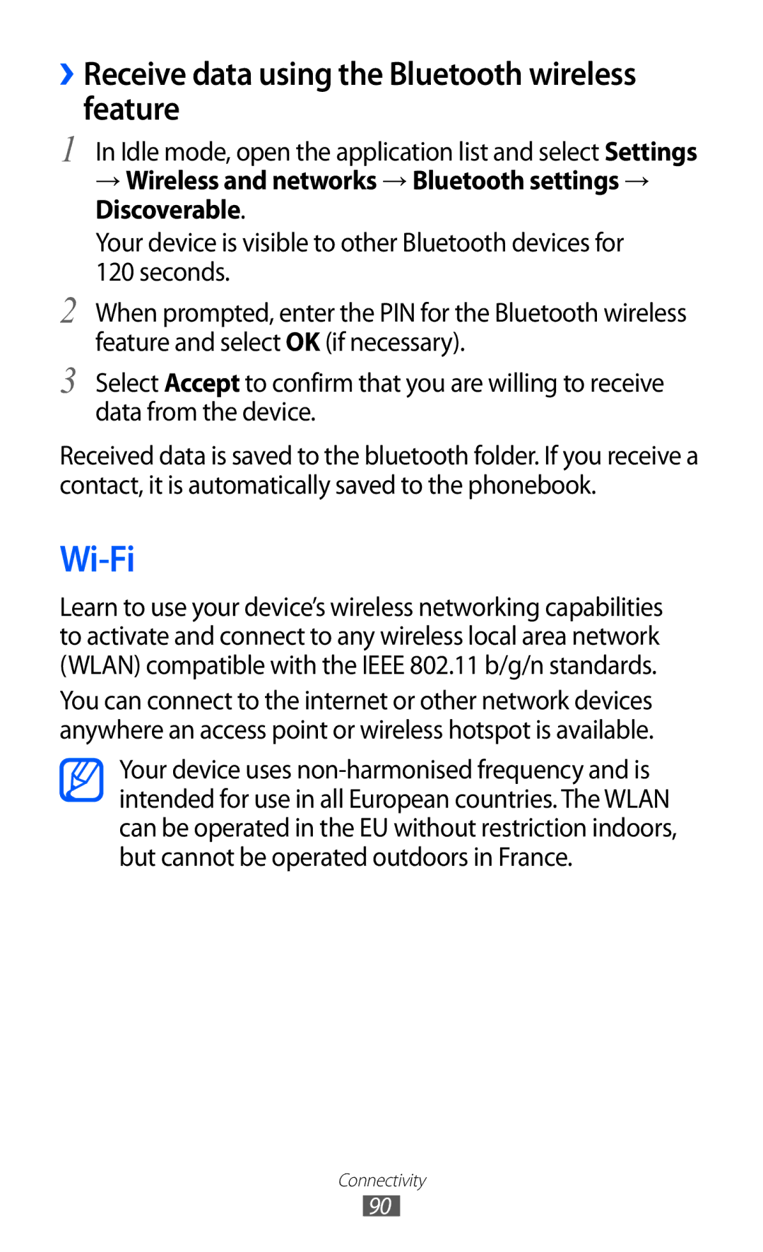 Samsung GT-B5510 user manual Wi-Fi, ››Receive data using the Bluetooth wireless feature 