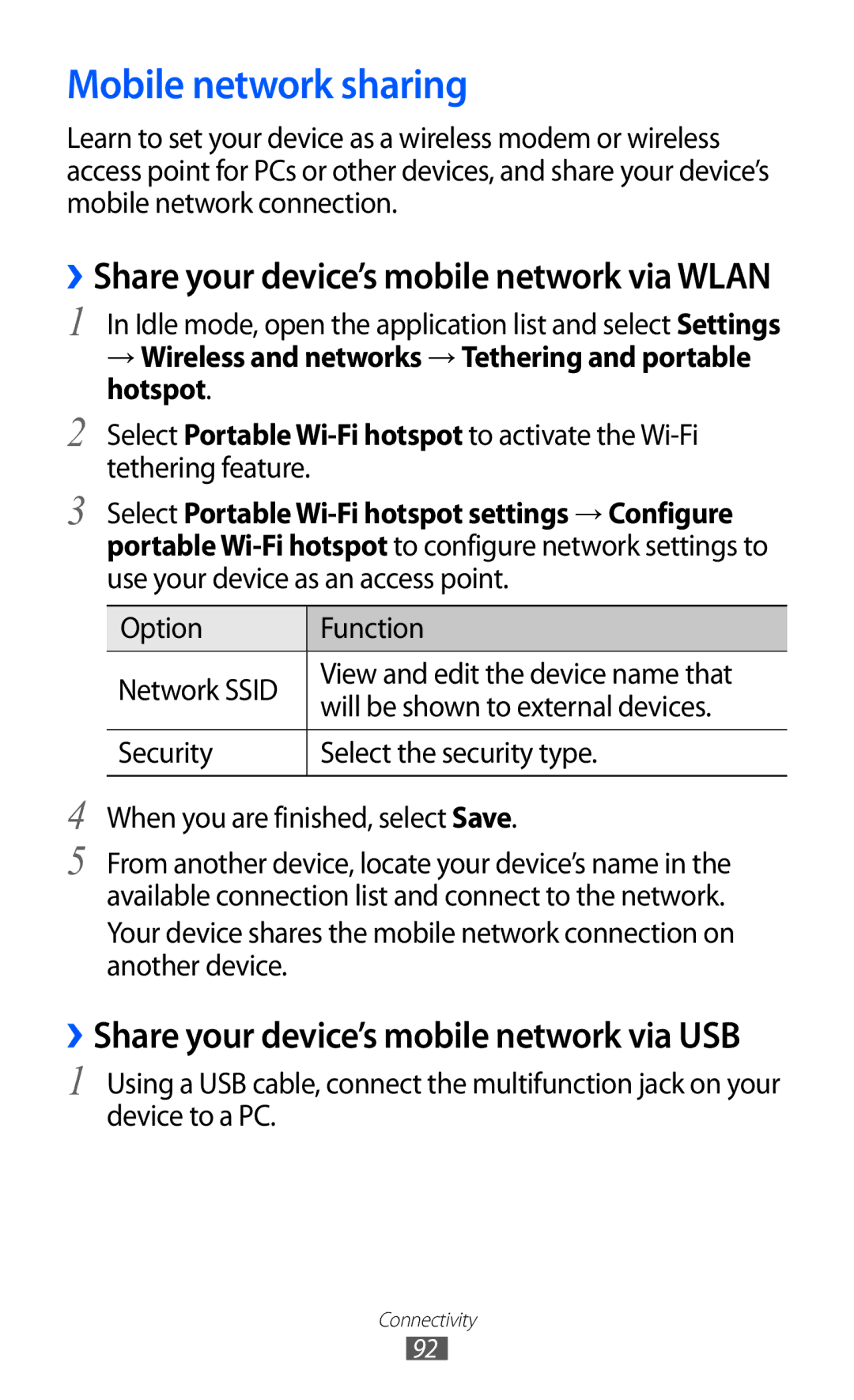 Samsung GT-B5510 user manual Mobile network sharing, → Wireless and networks → Tethering and portable hotspot 